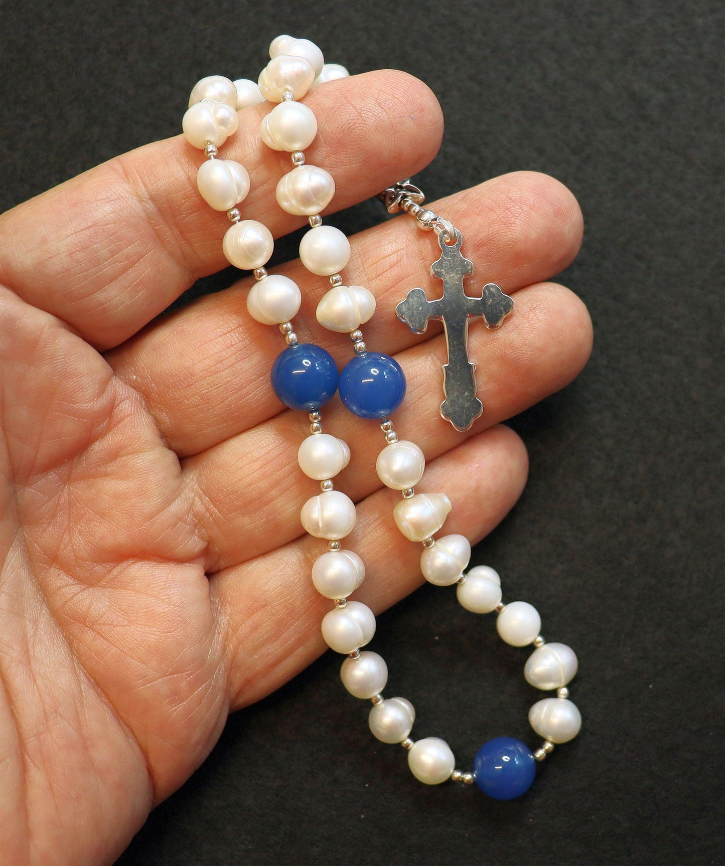 Anglican Episcopal Rosary Prayer Beads : Pearl, Chalcedony and Sterling Silver