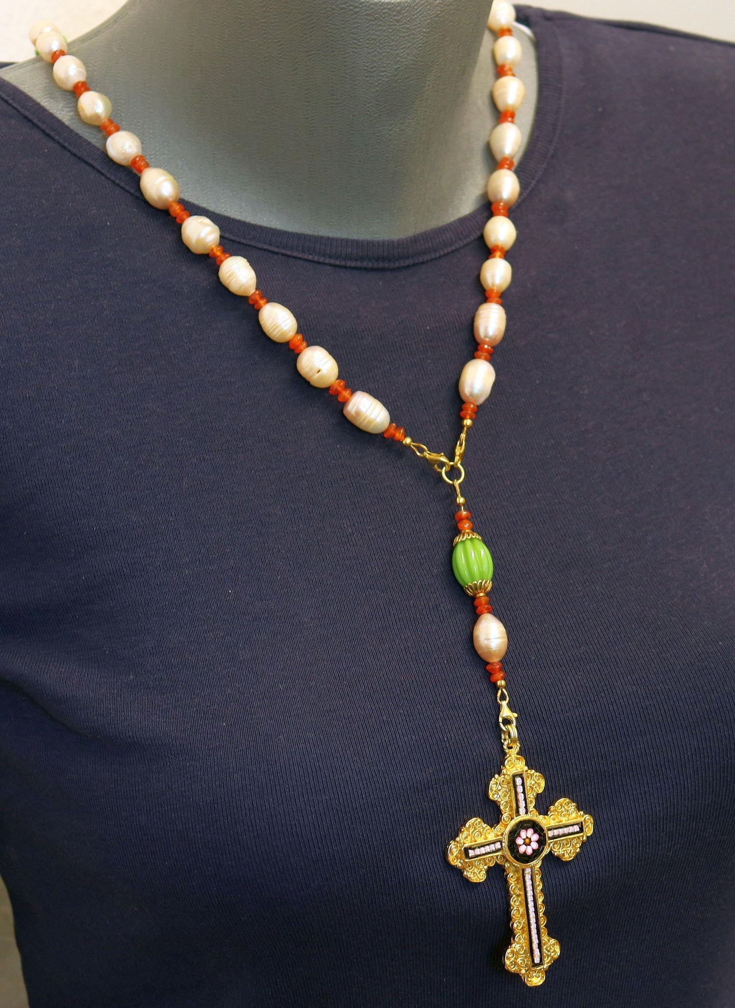 3 Way Wearable Beaded Chotki Komboskini Christian ORTHODOX Rosary with Pearls, Agates, Gold & Micromosaic Cross