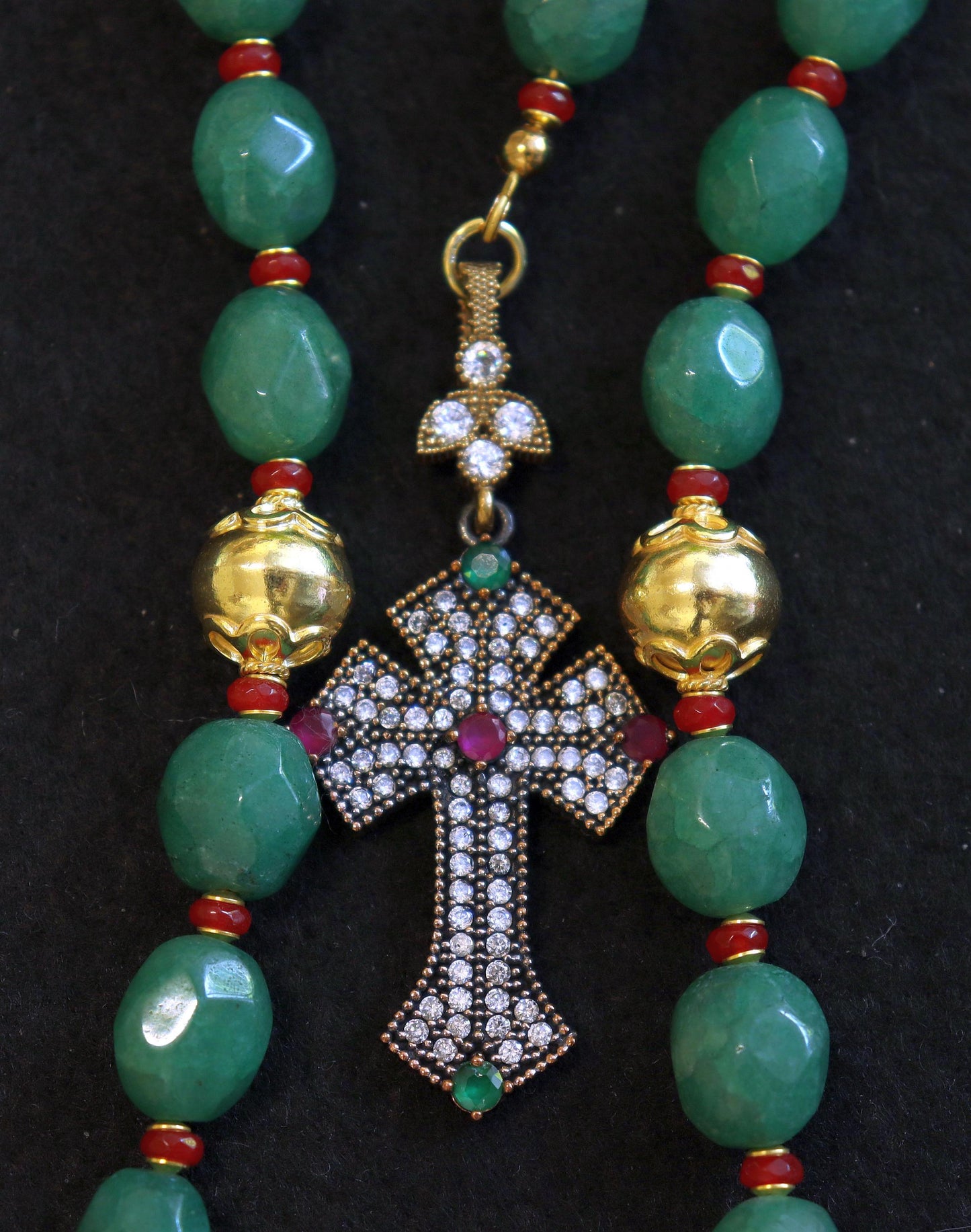 Beaded Chotki, Komboskini, Genuine Emerald and Ruby w Vermeil Metal Parts - Unique and impressive ORTHODOX Rosary with Special Cross