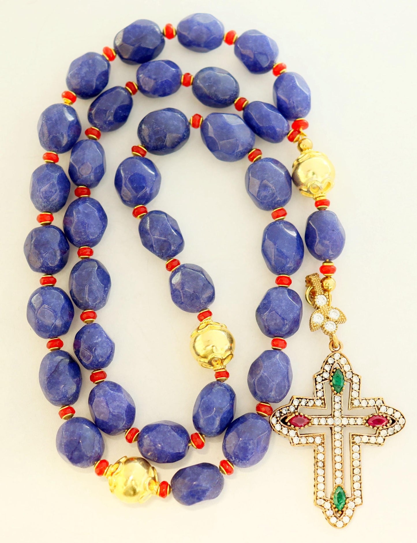 Beaded Chotki, Komboskini, Genuine Sapphire and Ruby w Vermeil Metal Parts - Unique and impressive ORTHODOX Rosary with Special Cross