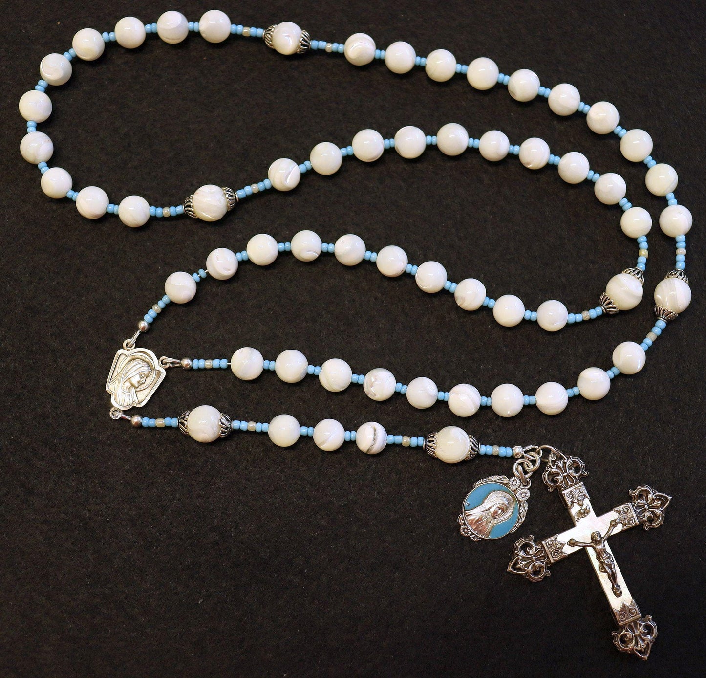 Vintage Catholic Rosary MOP w Sterling Cross, Blue & Enamel Medal, Rosenkranz Antik Kreuz