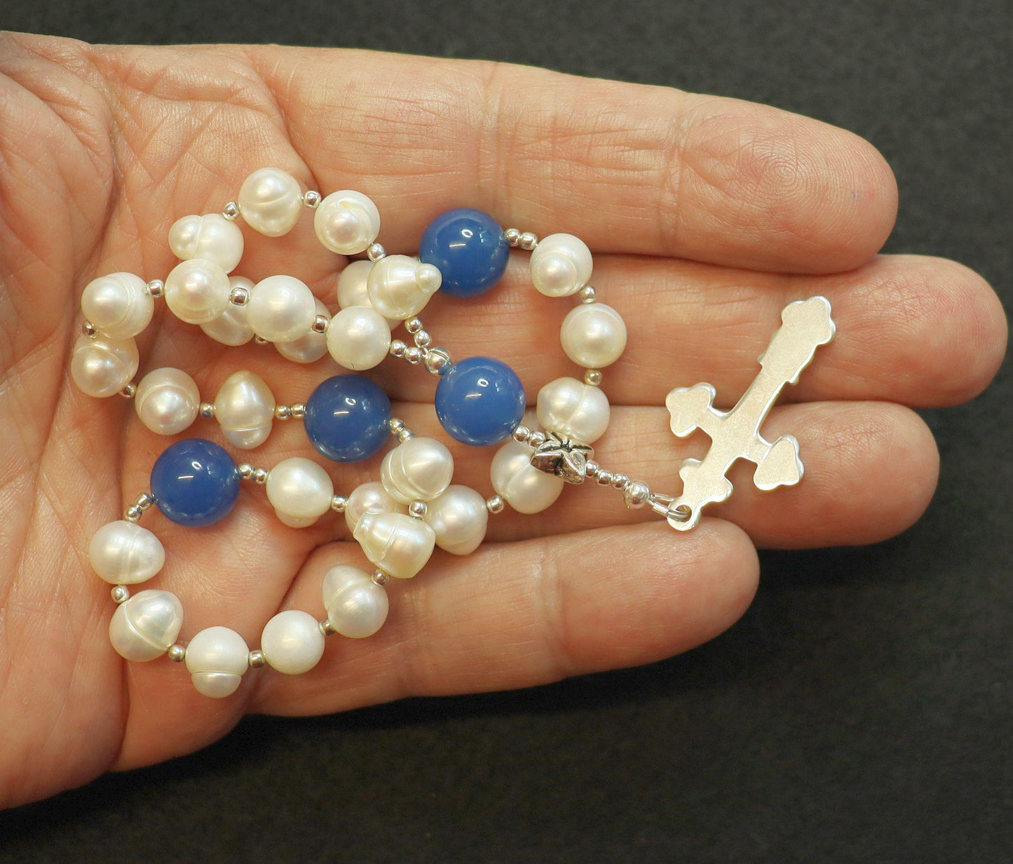 Anglican Episcopal Rosary Prayer Beads : Pearl, Chalcedony and Sterling Silver