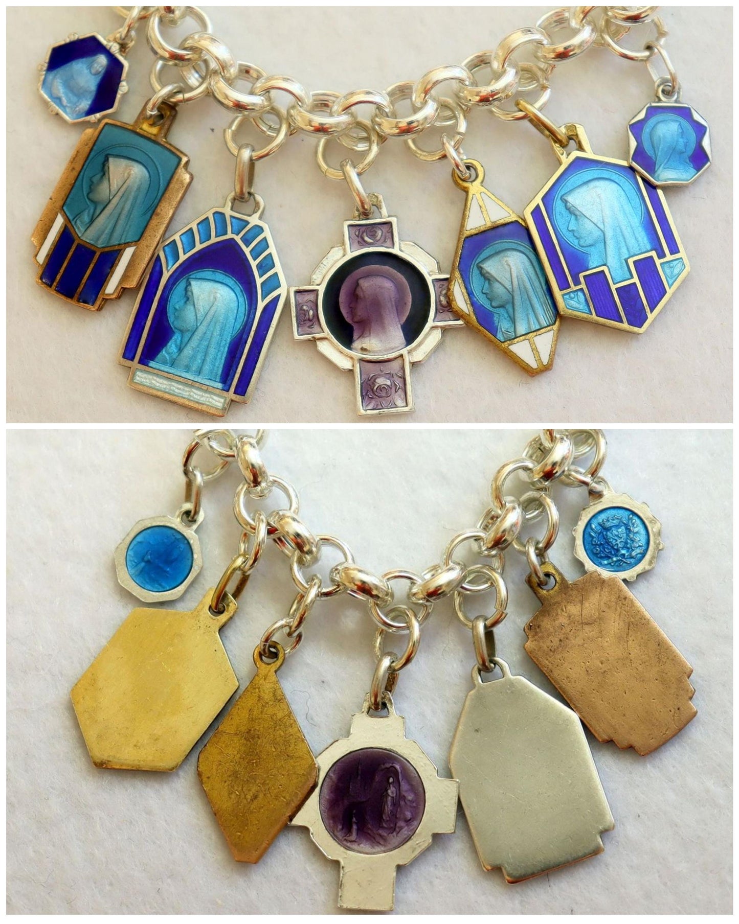 Vintage Charm Bracelet with 20 Sterling Silver Rare Religious Medals Enameled on Both Sides, Pristine condition, on heavy & large Chain