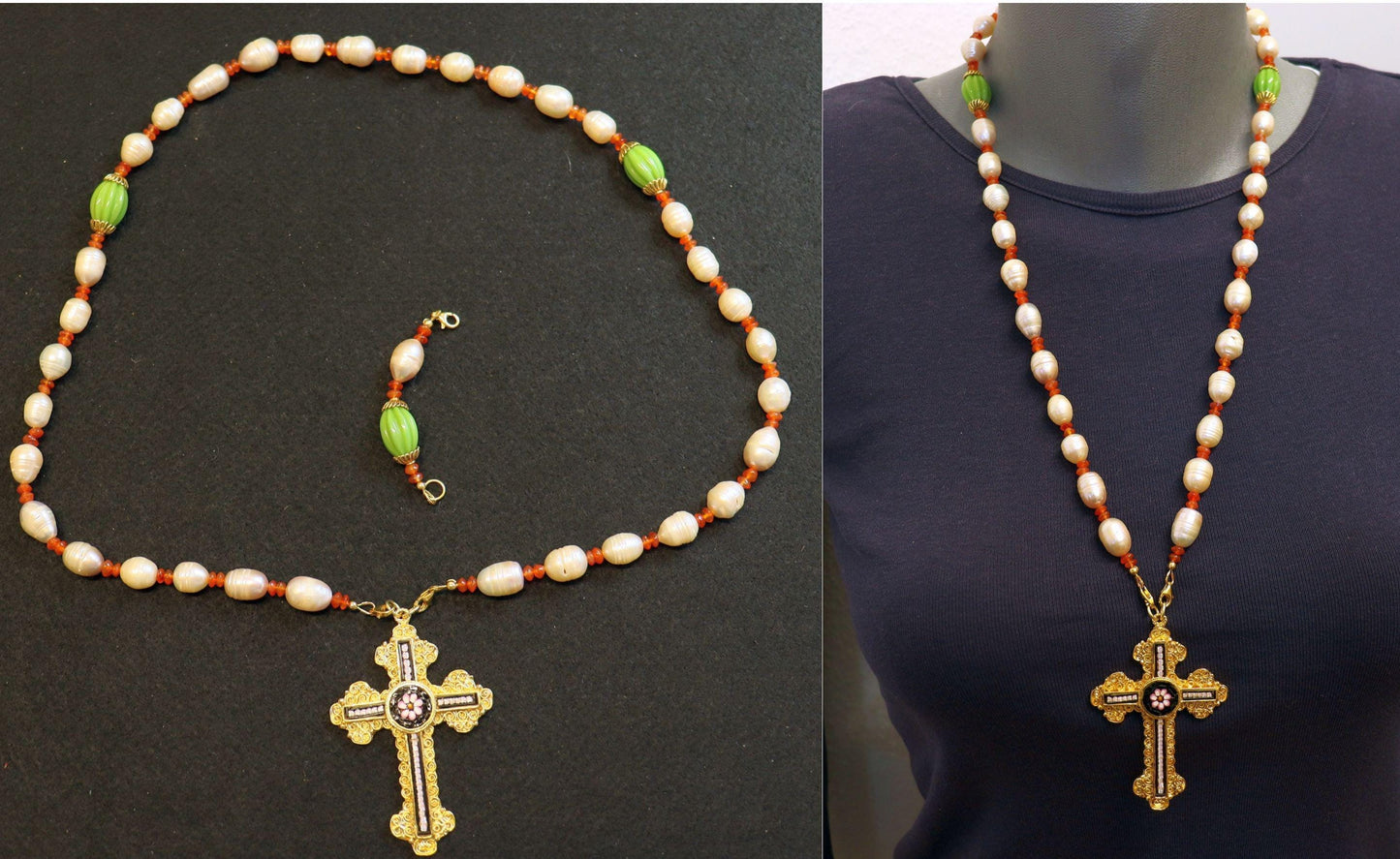 3 Way Wearable Beaded Chotki Komboskini Christian ORTHODOX Rosary with Pearls, Agates, Gold & Micromosaic Cross