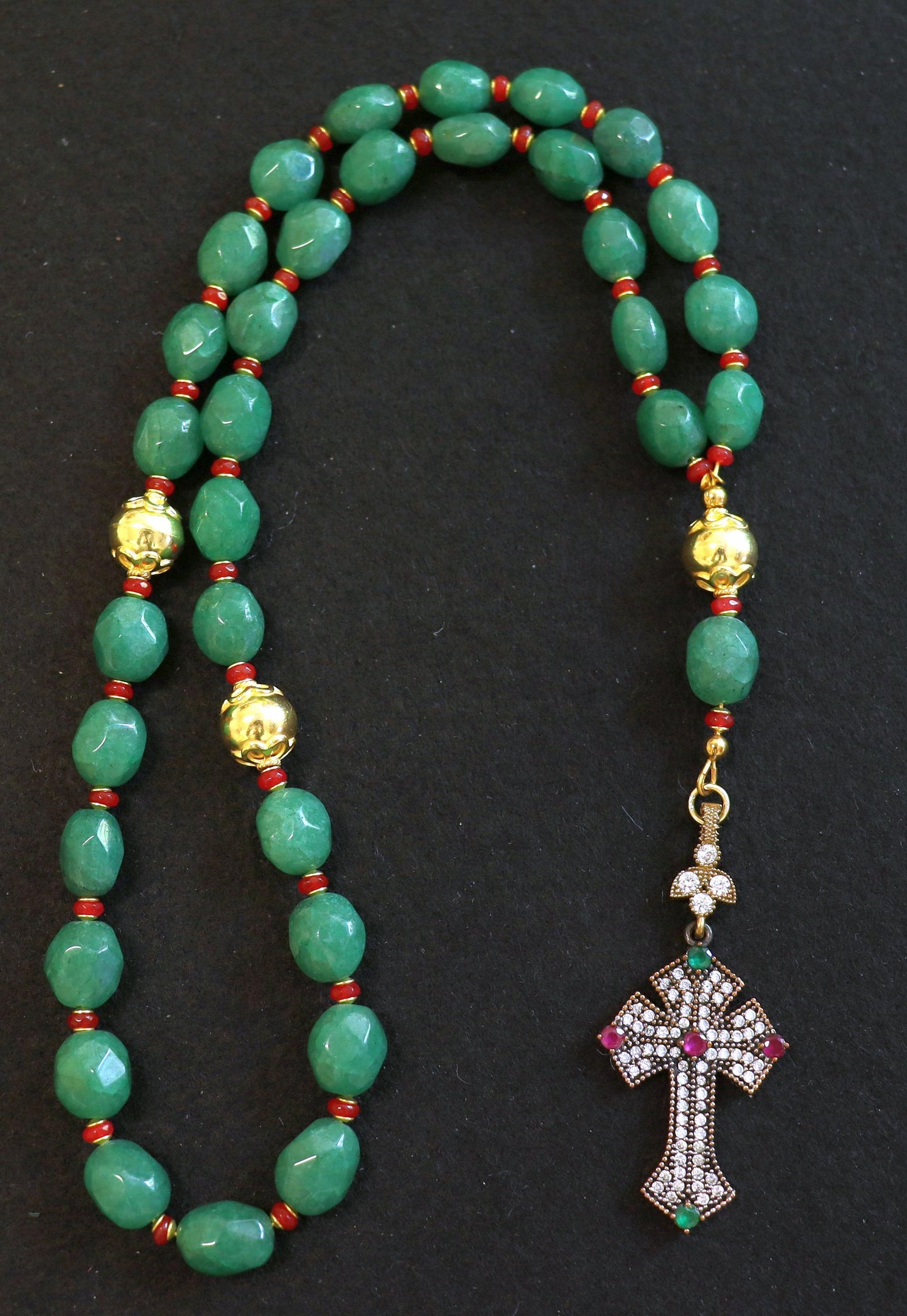 Beaded Chotki, Komboskini, Genuine Emerald and Ruby w Vermeil Metal Parts - Unique and impressive ORTHODOX Rosary with Special Cross