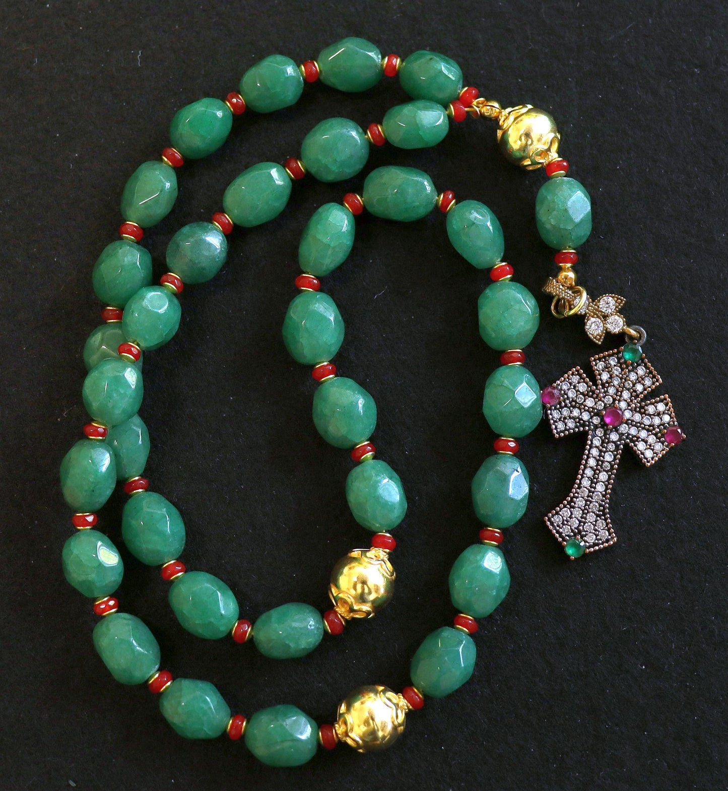 Beaded Chotki, Komboskini, Genuine Emerald and Ruby w Vermeil Metal Parts - Unique and impressive ORTHODOX Rosary with Special Cross