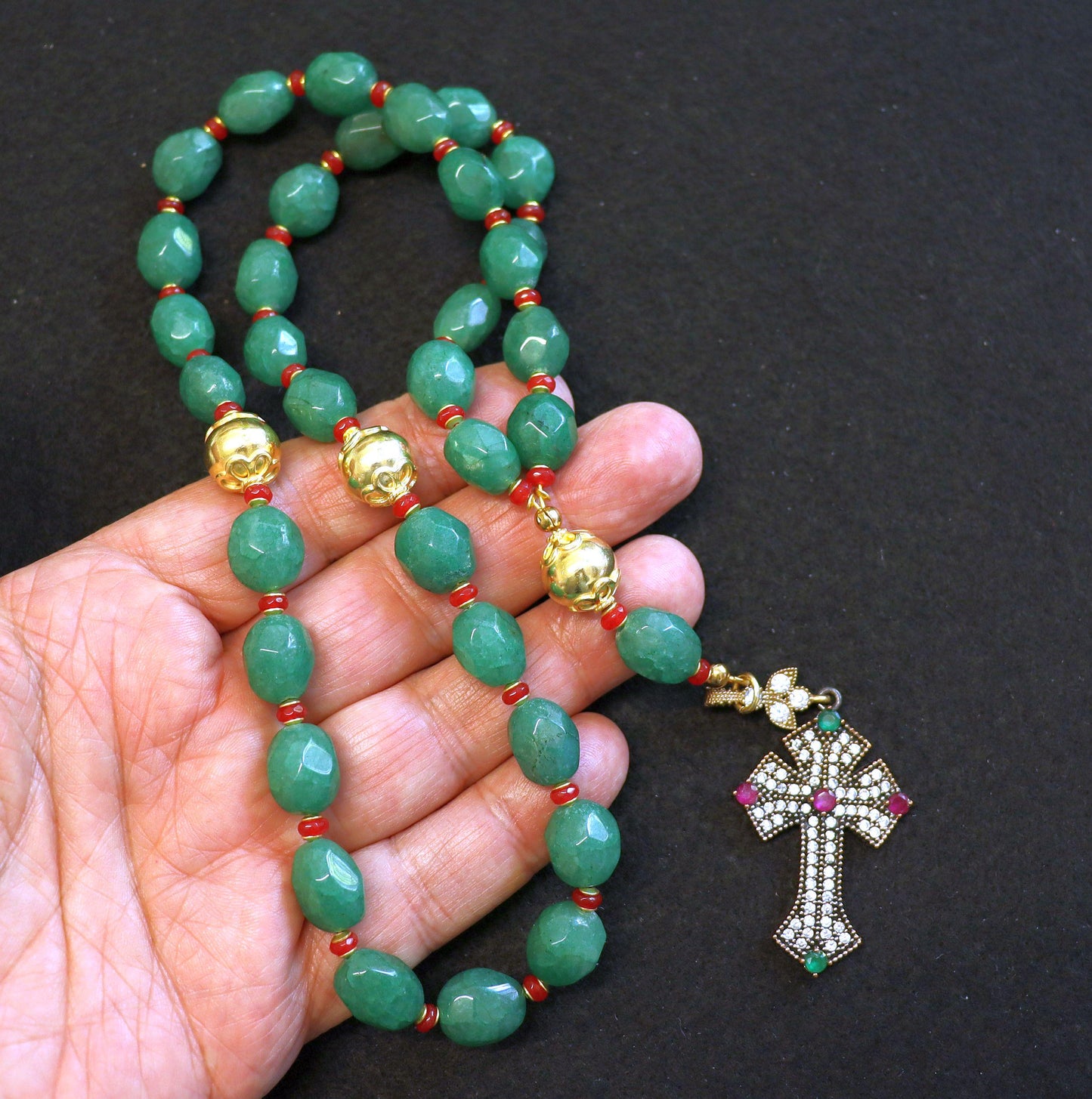 Beaded Chotki, Komboskini, Genuine Emerald and Ruby w Vermeil Metal Parts - Unique and impressive ORTHODOX Rosary with Special Cross