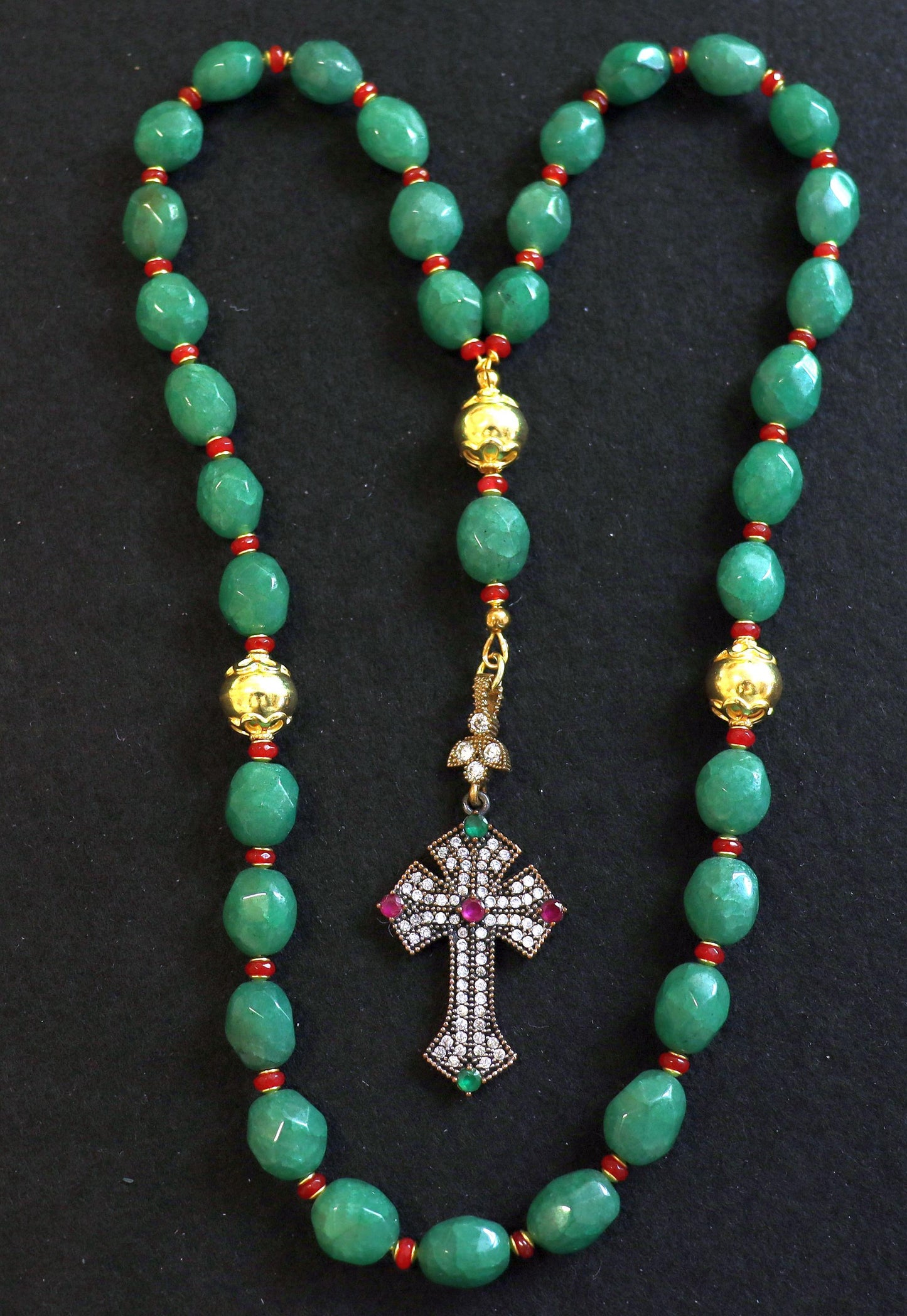 Beaded Chotki, Komboskini, Genuine Emerald and Ruby w Vermeil Metal Parts - Unique and impressive ORTHODOX Rosary with Special Cross