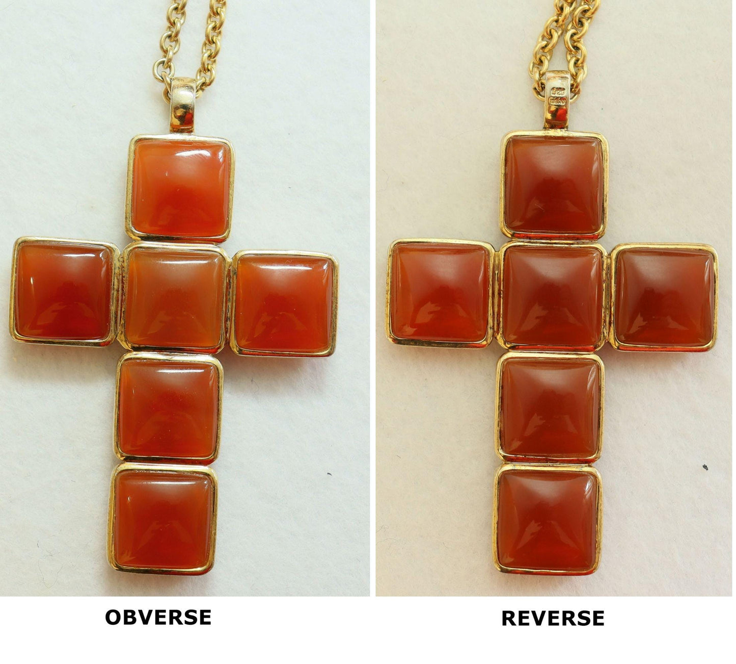 Butterscotch Amber Pectoral Cross Medal, Pendant in Vermeil Frame and Chain - Large and double face - Rarely seen.