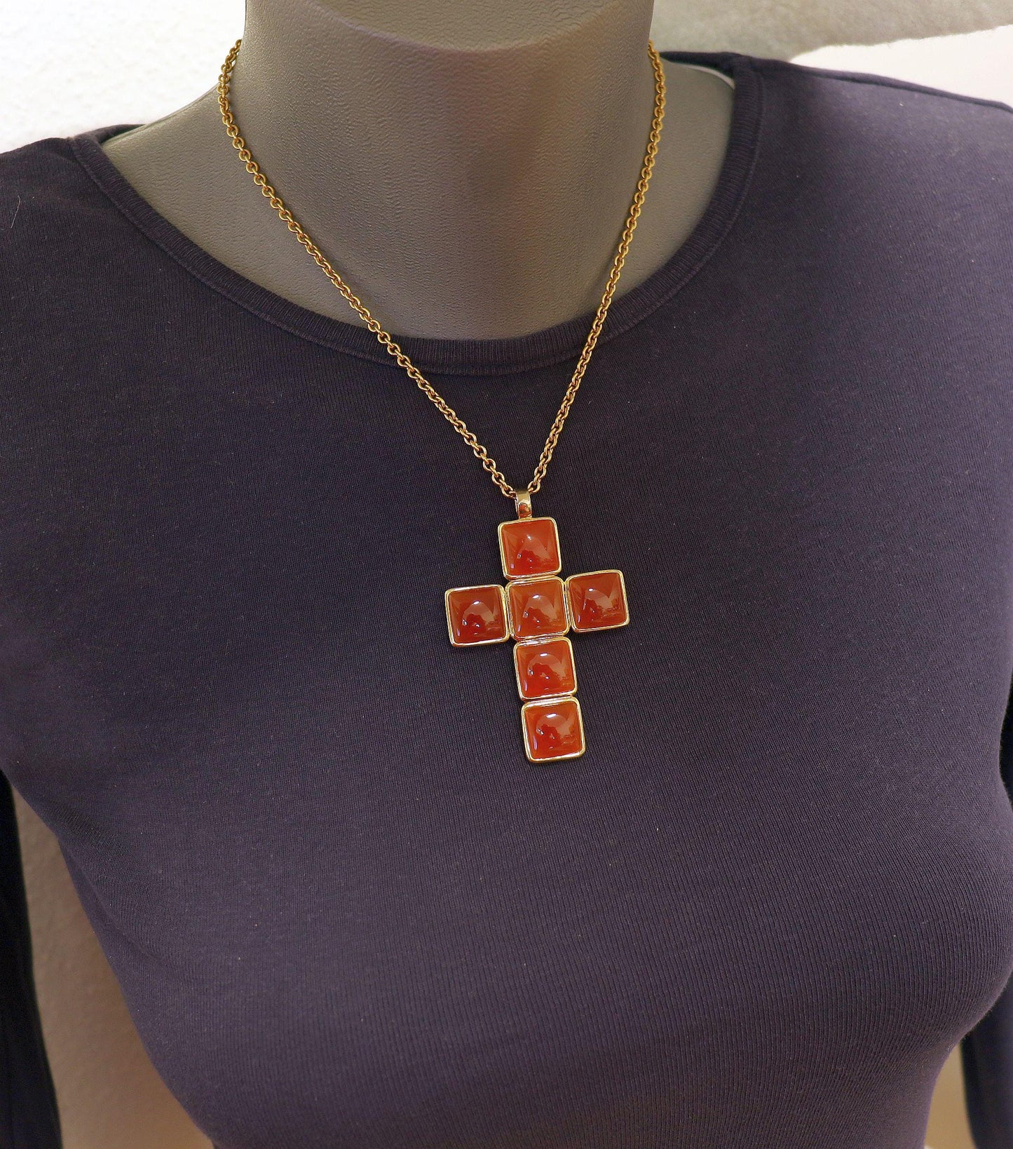 Butterscotch Amber Pectoral Cross Medal, Pendant in Vermeil Frame and Chain - Large and double face - Rarely seen.