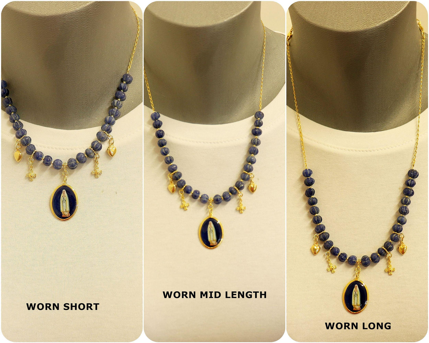 Genuine Sapphire & Vermeil Necklace w Early XXth Cent. Hand Painted Miniature Enameled Medal of our Lady of Fatima - Double face. XXXRare