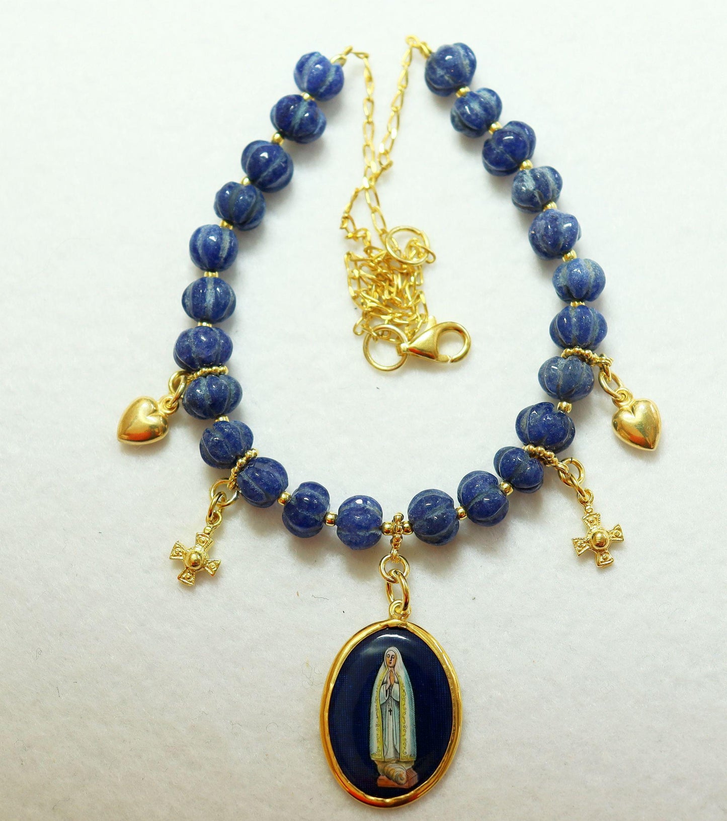Genuine Sapphire & Vermeil Necklace w Early XXth Cent. Hand Painted Miniature Enameled Medal of our Lady of Fatima - Double face. XXXRare