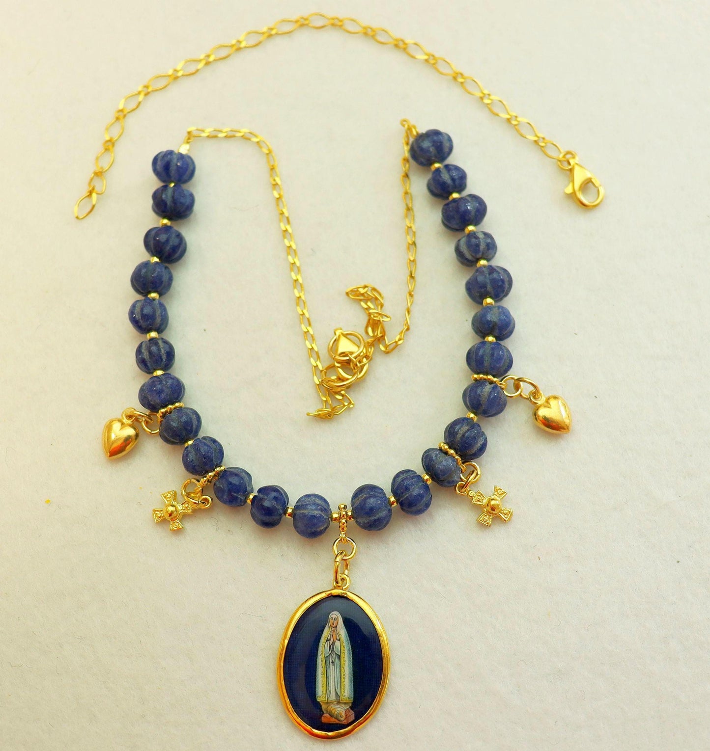 Genuine Sapphire & Vermeil Necklace w Early XXth Cent. Hand Painted Miniature Enameled Medal of our Lady of Fatima - Double face. XXXRare