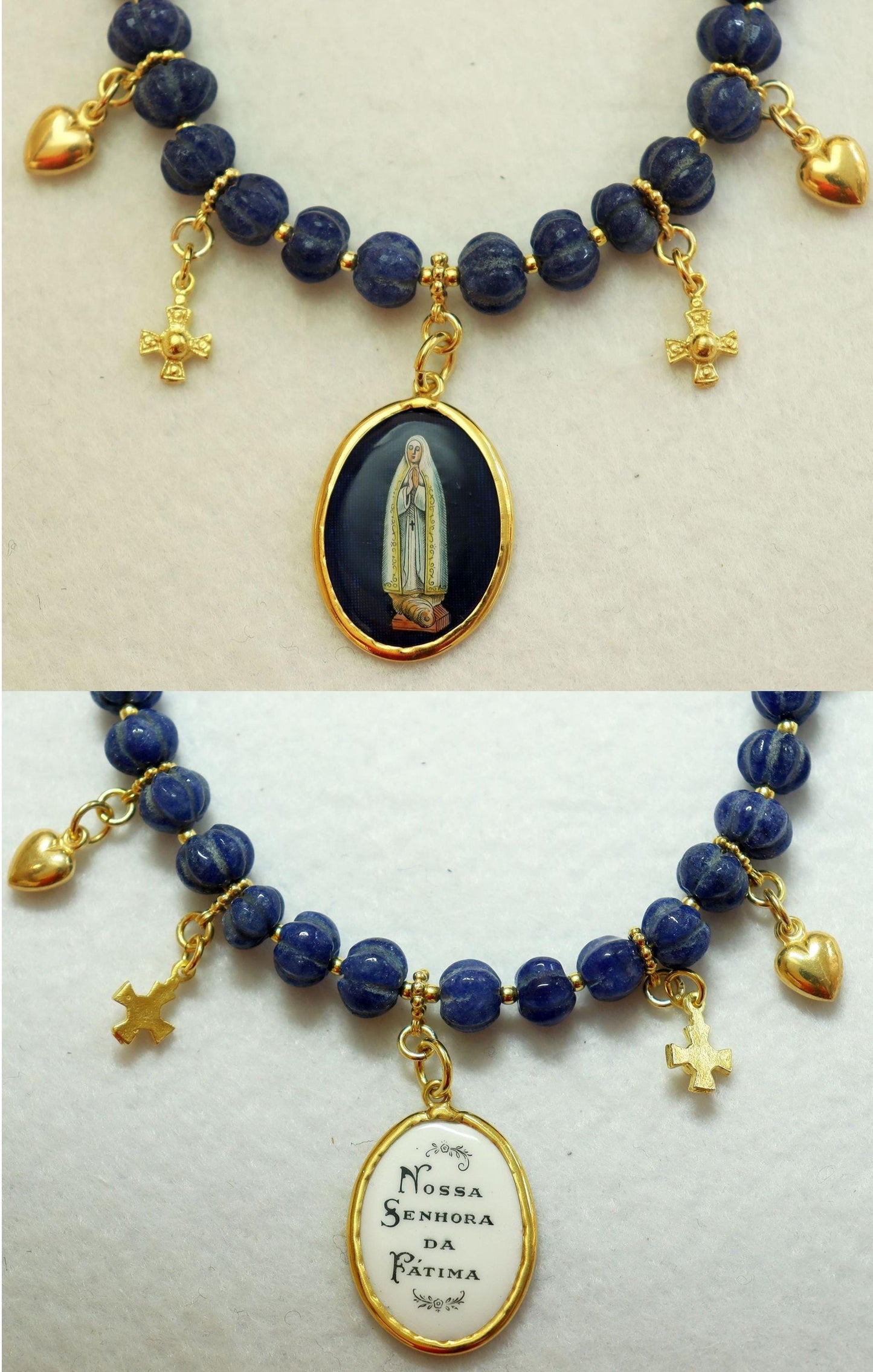 Genuine Sapphire & Vermeil Necklace w Early XXth Cent. Hand Painted Miniature Enameled Medal of our Lady of Fatima - Double face. XXXRare