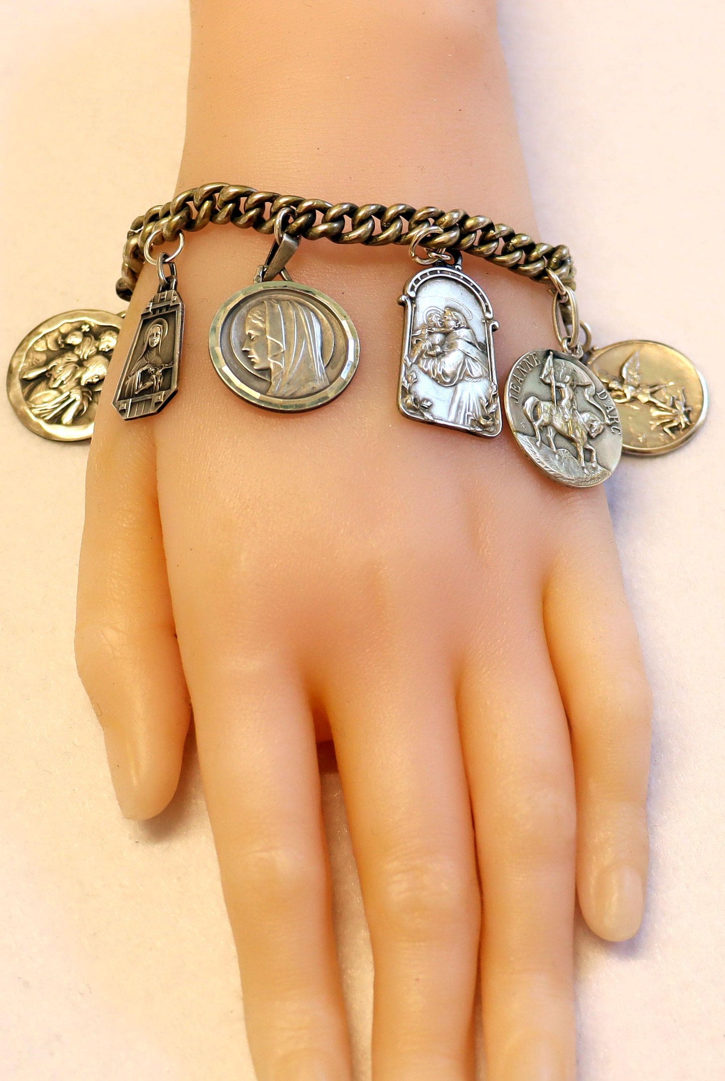 Heavy All Sterling Silver Vintage Charm Bracelet w 8 Rare Religious Medals