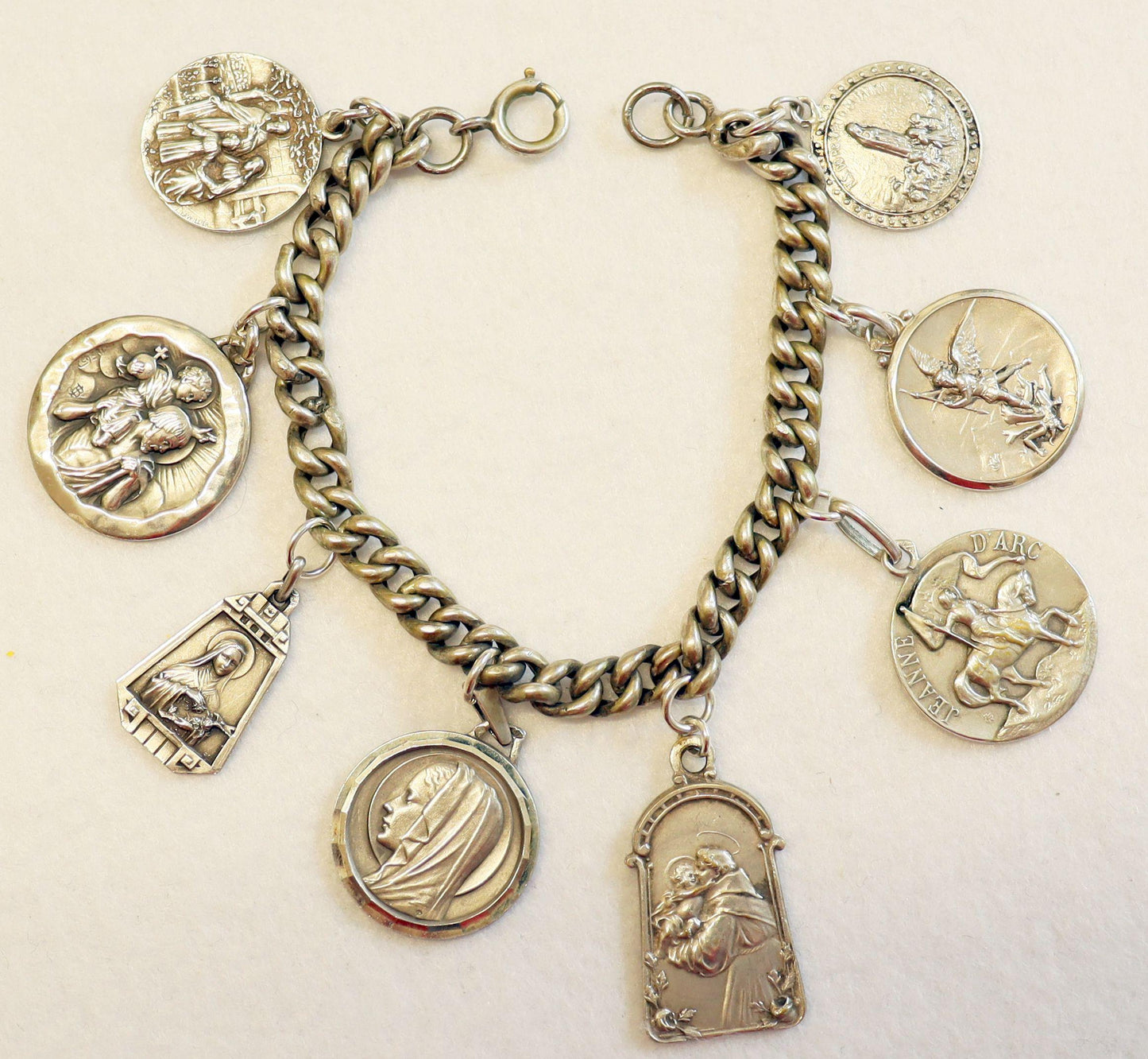 Heavy All Sterling Silver Vintage Charm Bracelet w 8 Rare Religious Medals