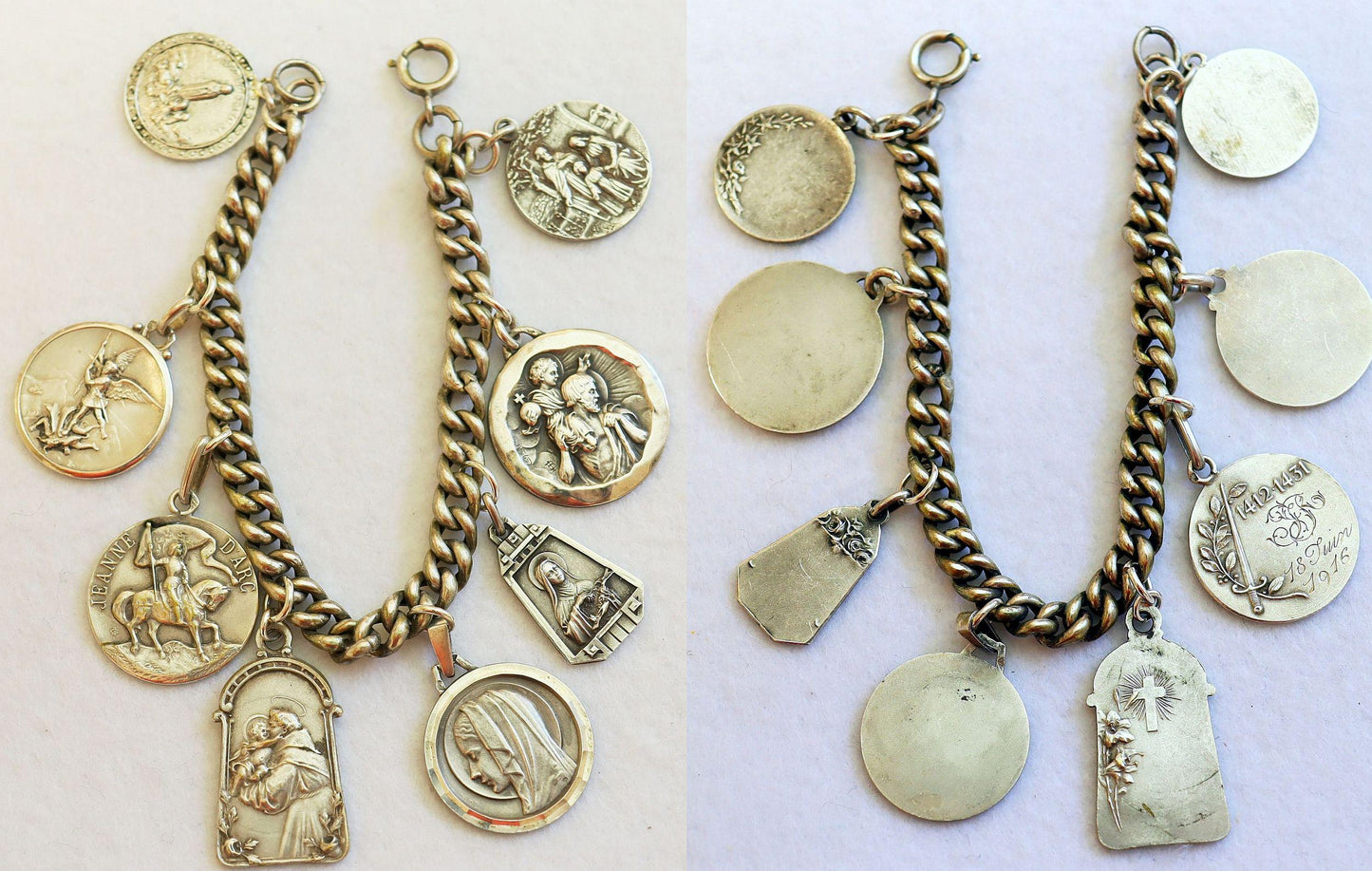 Heavy All Sterling Silver Vintage Charm Bracelet w 8 Rare Religious Medals
