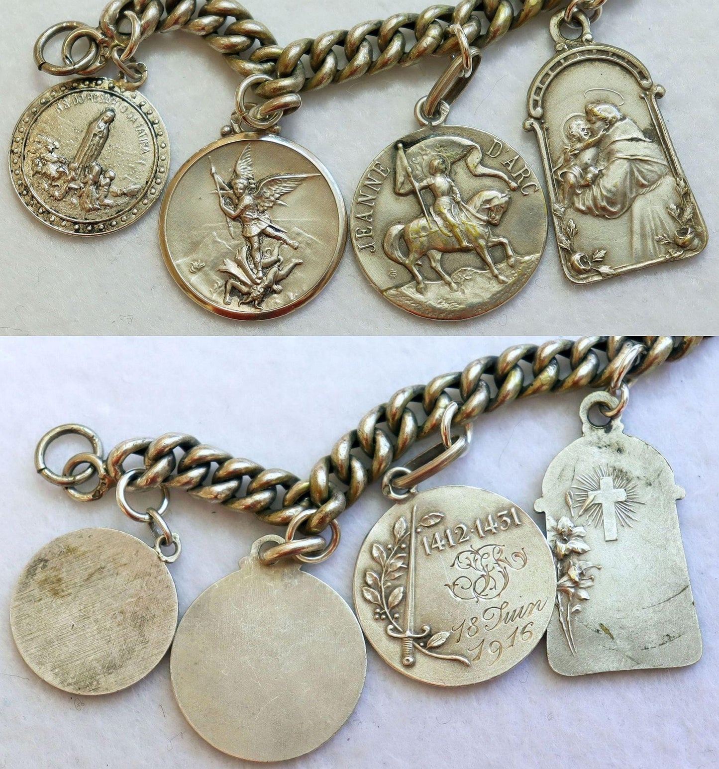 Heavy All Sterling Silver Vintage Charm Bracelet w 8 Rare Religious Medals