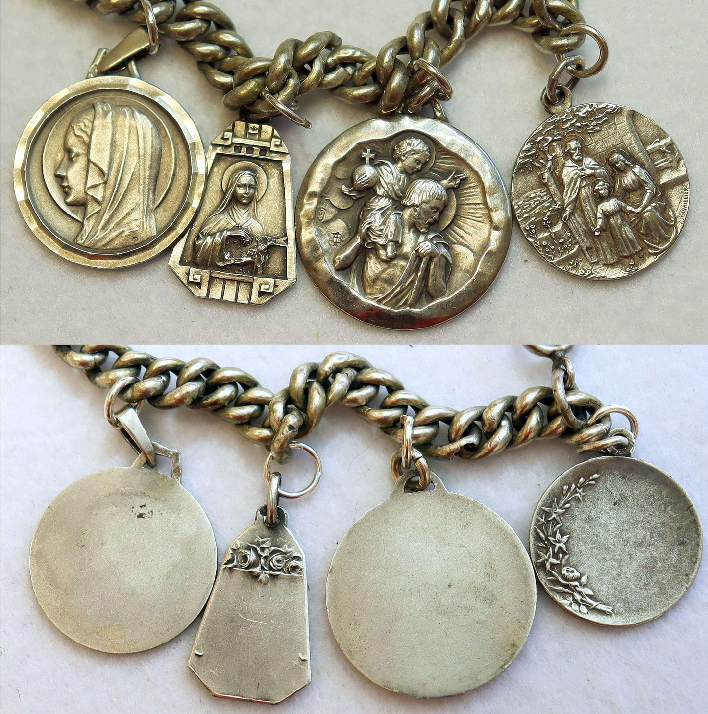 Heavy All Sterling Silver Vintage Charm Bracelet w 8 Rare Religious Medals