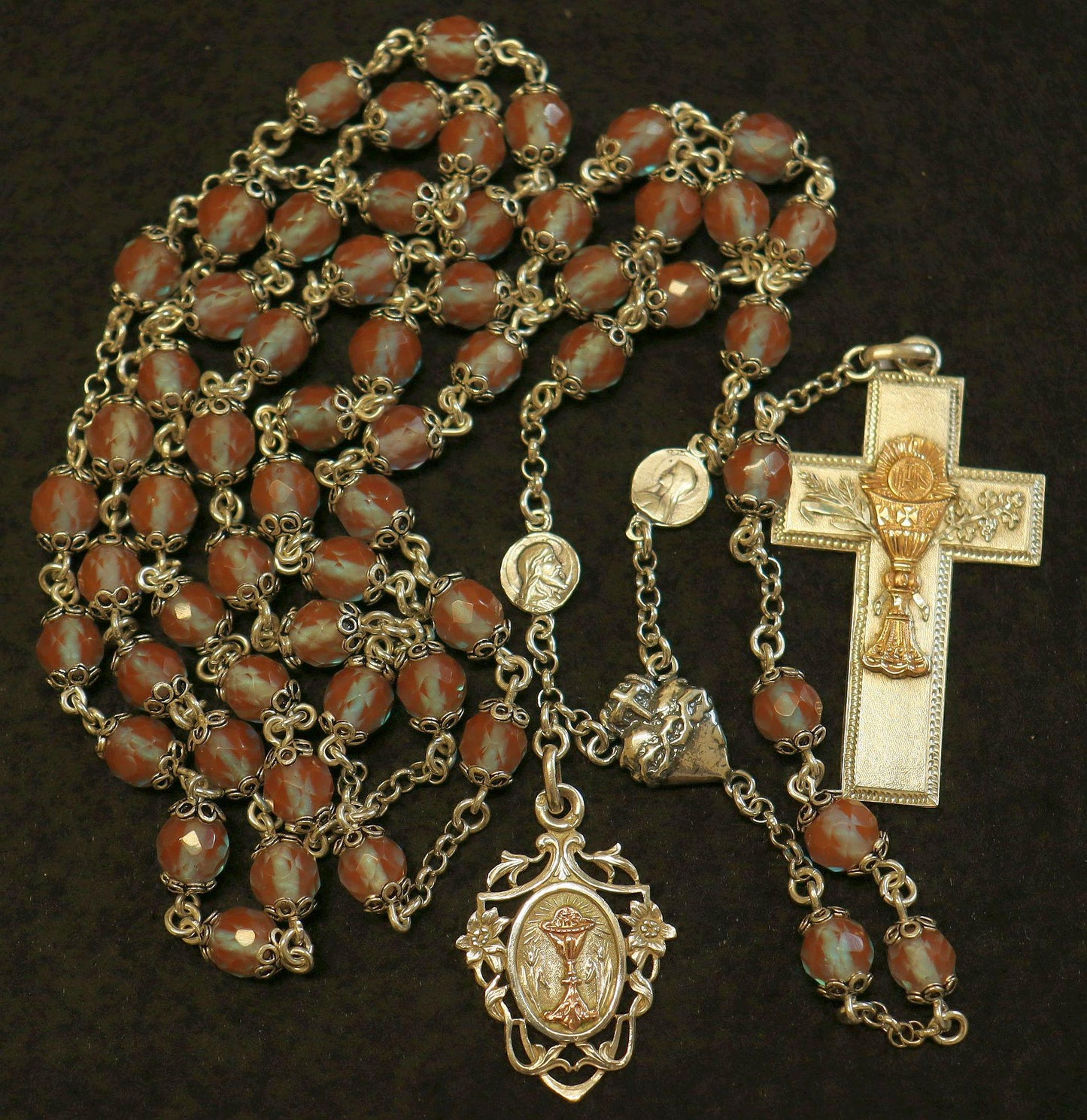 Exceptional Antique Genuine SAPHIRET w Sterling & Gold Unique Catholic Rosary - Top Rarity Museum quality- Heirloom