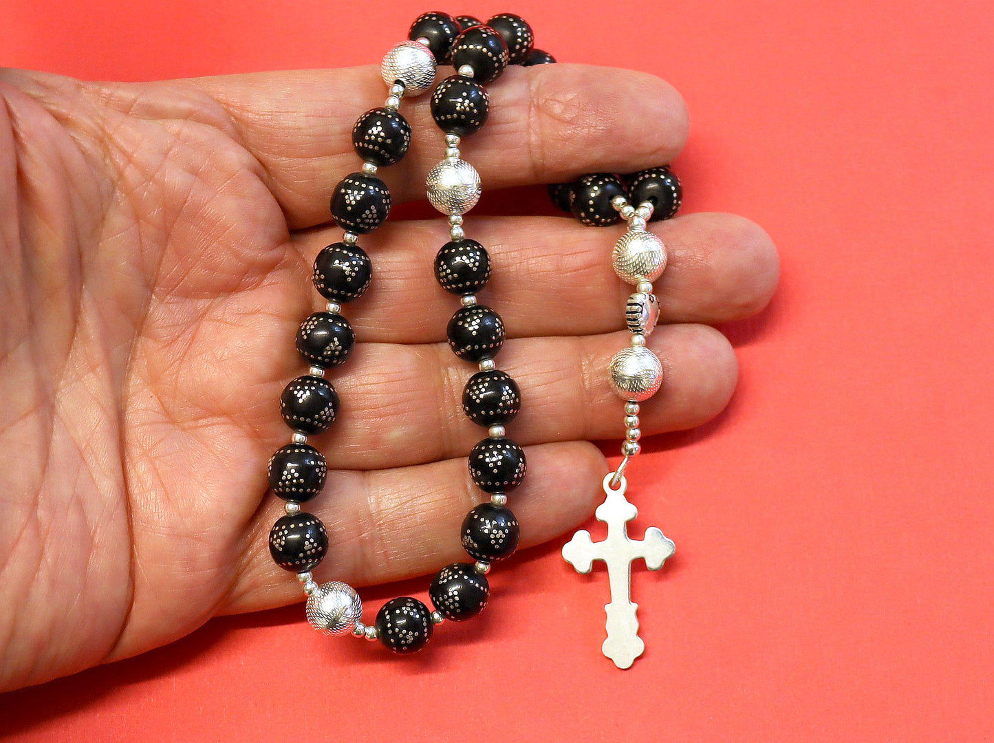 Anglican Episcopal Rosary Studded Jet & Sterling Silver Beads and Cross