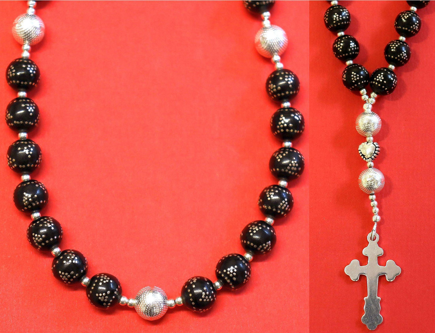 Anglican Episcopal Rosary Studded Jet & Sterling Silver Beads and Cross