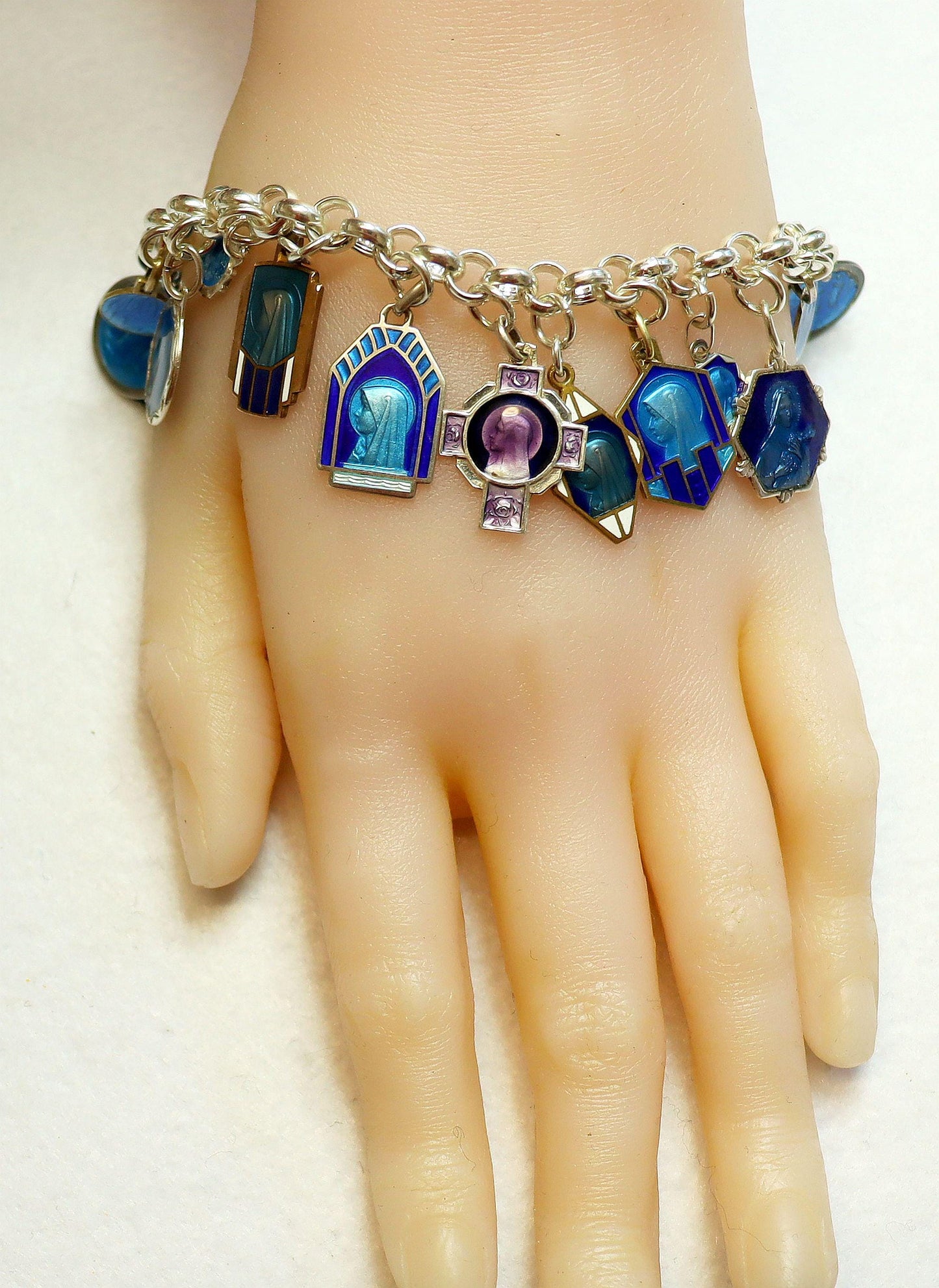 Vintage Charm Bracelet with 20 Sterling Silver Rare Religious Medals Enameled on Both Sides, Pristine condition, on heavy & large Chain