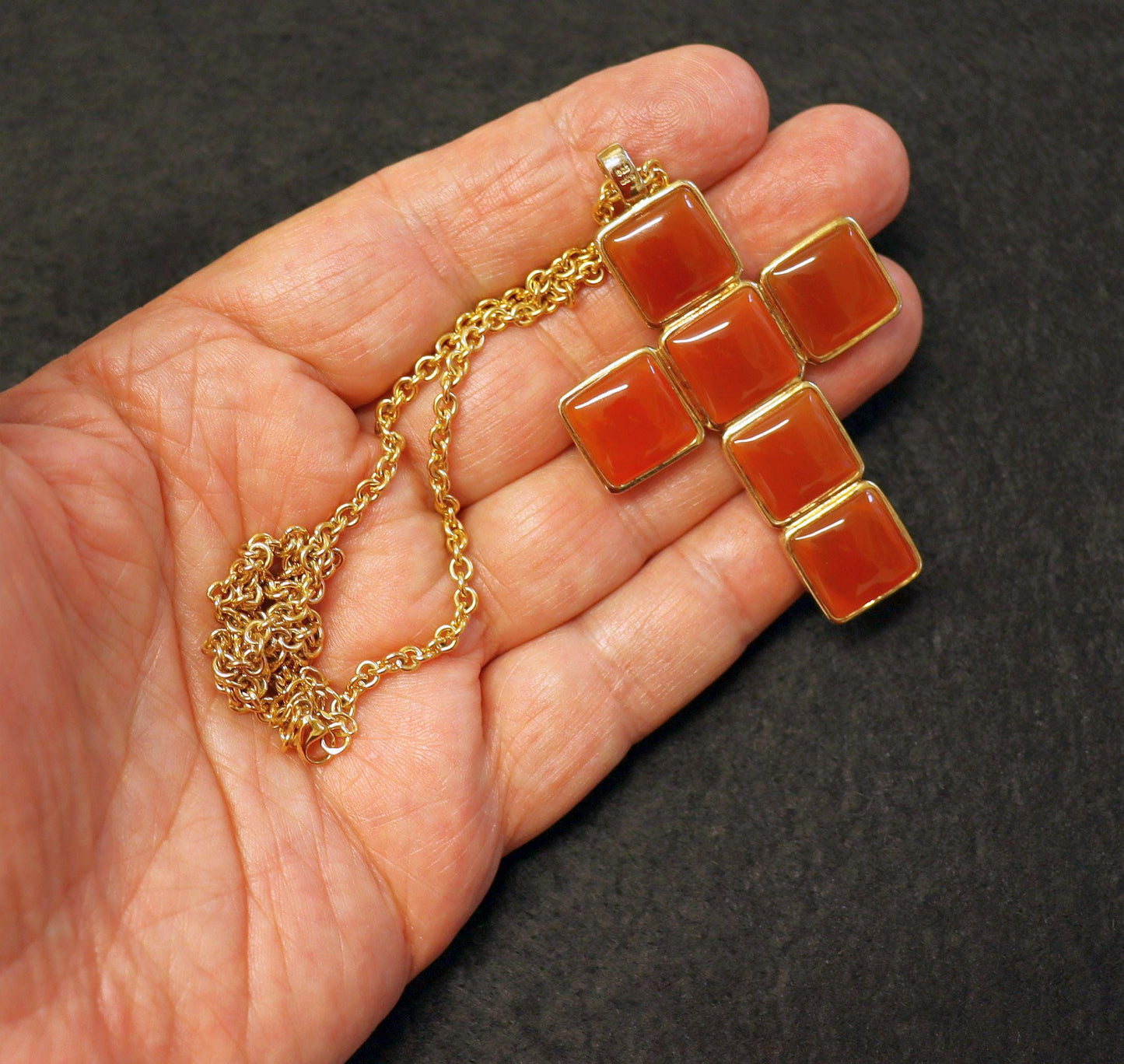 Butterscotch Amber Pectoral Cross Medal, Pendant in Vermeil Frame and Chain - Large and double face - Rarely seen.