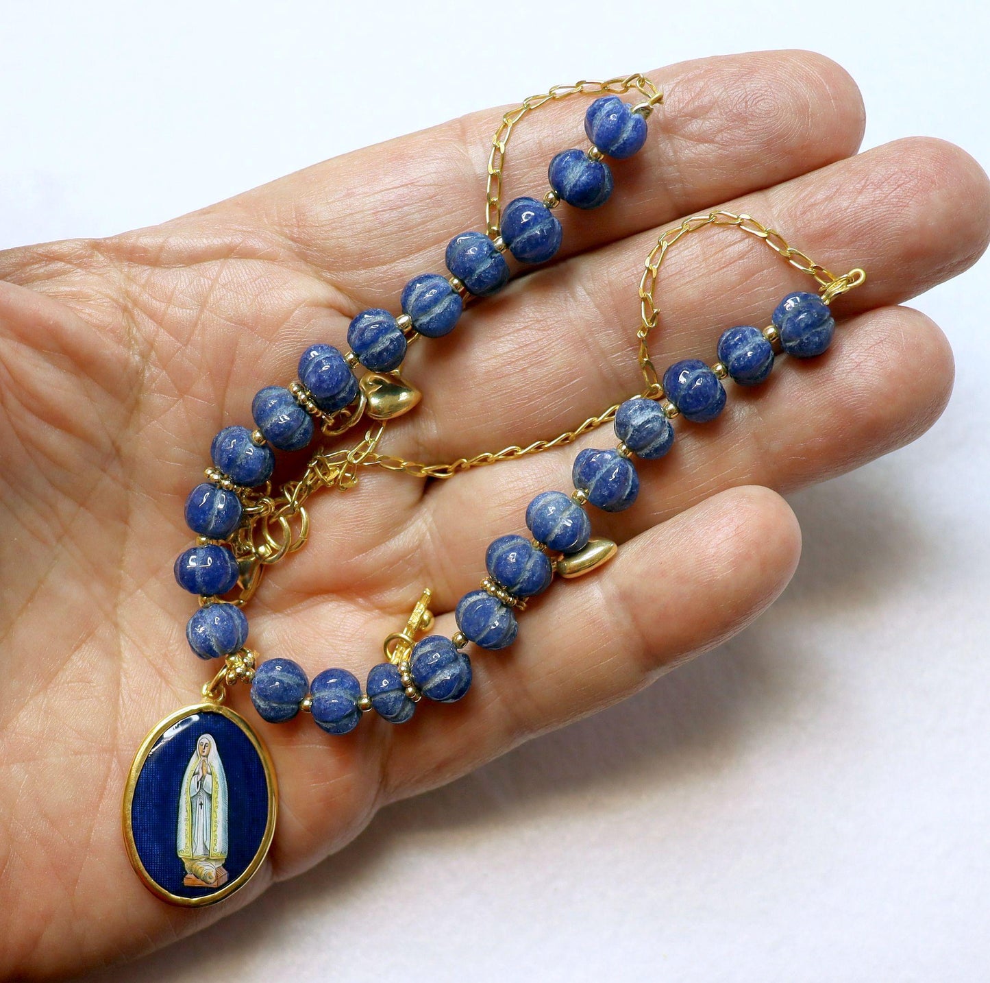 Genuine Sapphire & Vermeil Necklace w Early XXth Cent. Hand Painted Miniature Enameled Medal of our Lady of Fatima - Double face. XXXRare