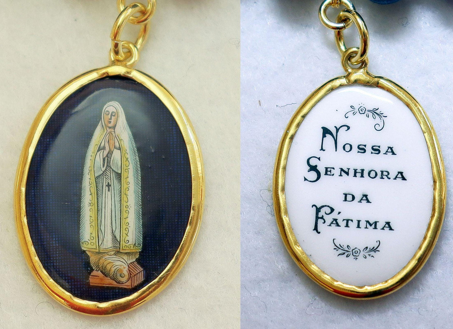 Genuine Sapphire & Vermeil Necklace w Early XXth Cent. Hand Painted Miniature Enameled Medal of our Lady of Fatima - Double face. XXXRare