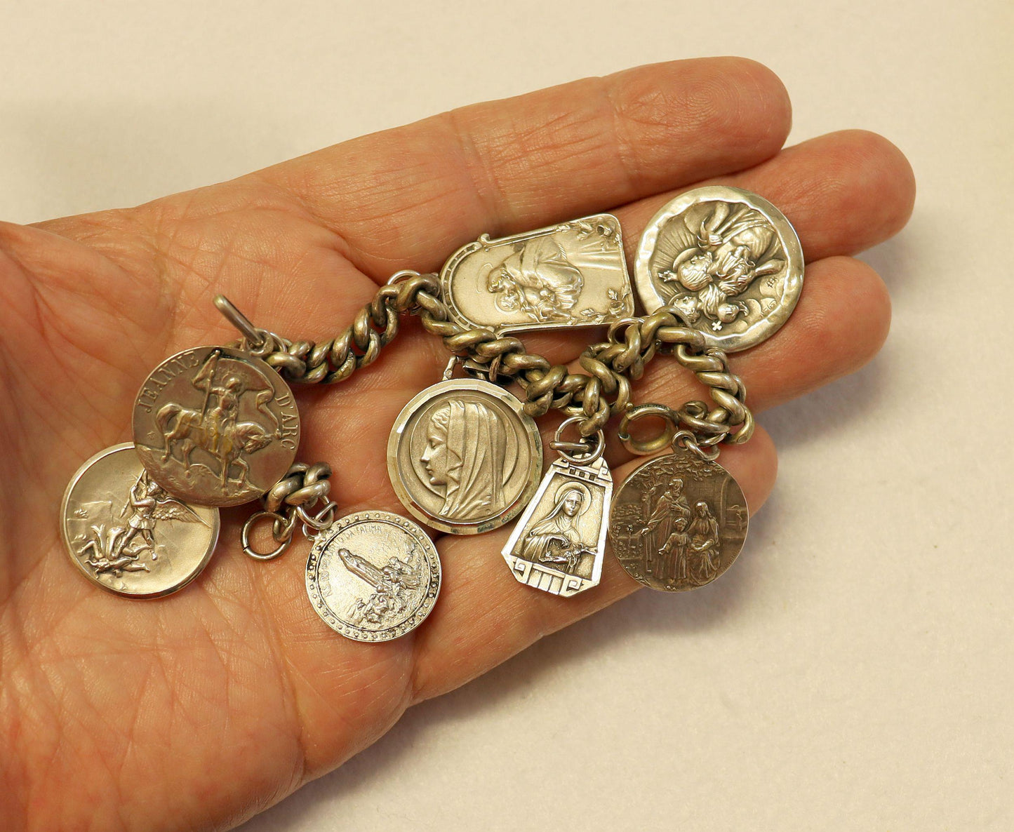 Heavy All Sterling Silver Vintage Charm Bracelet w 8 Rare Religious Medals