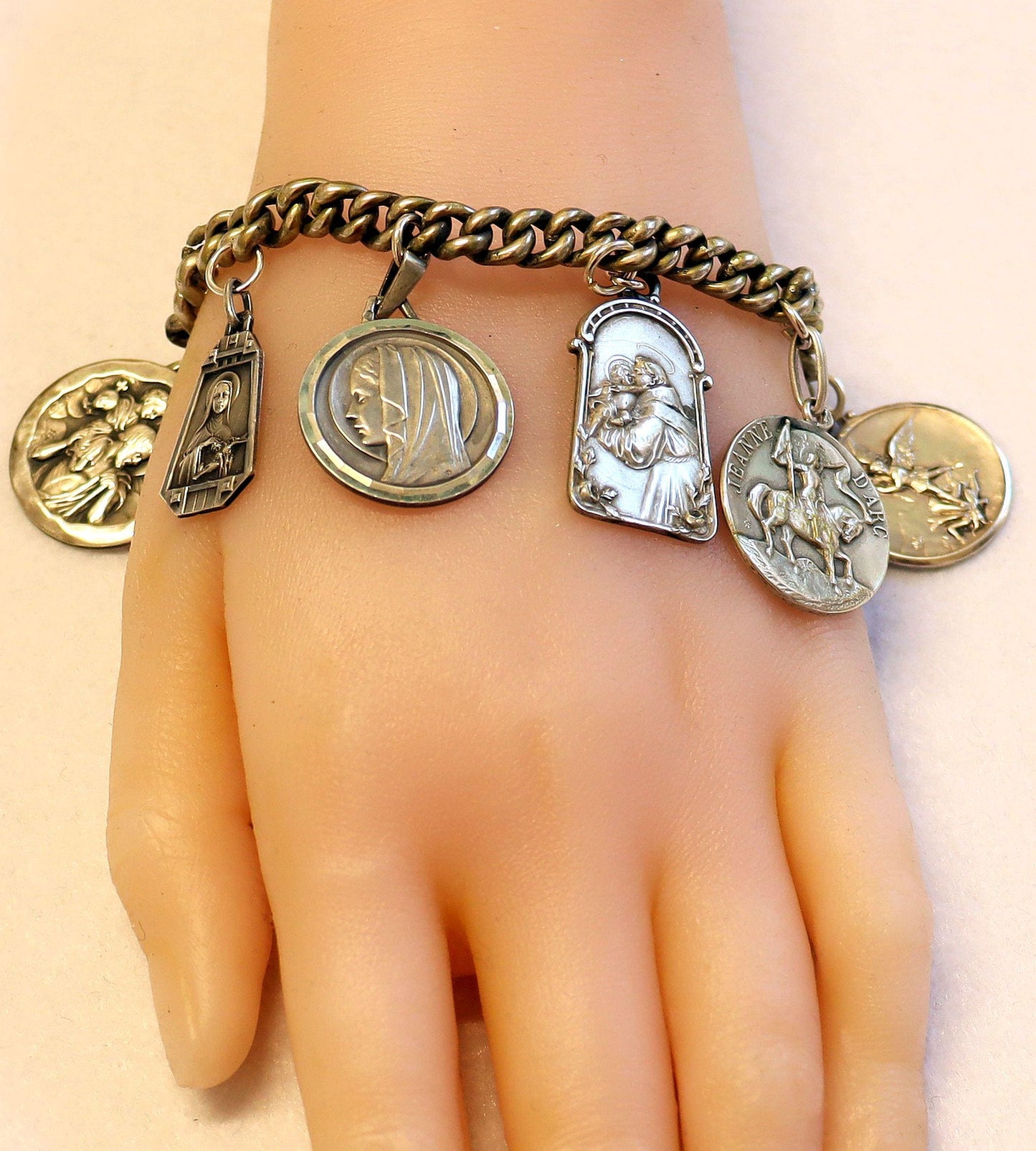 Heavy All Sterling Silver Vintage Charm Bracelet w 8 Rare Religious Medals