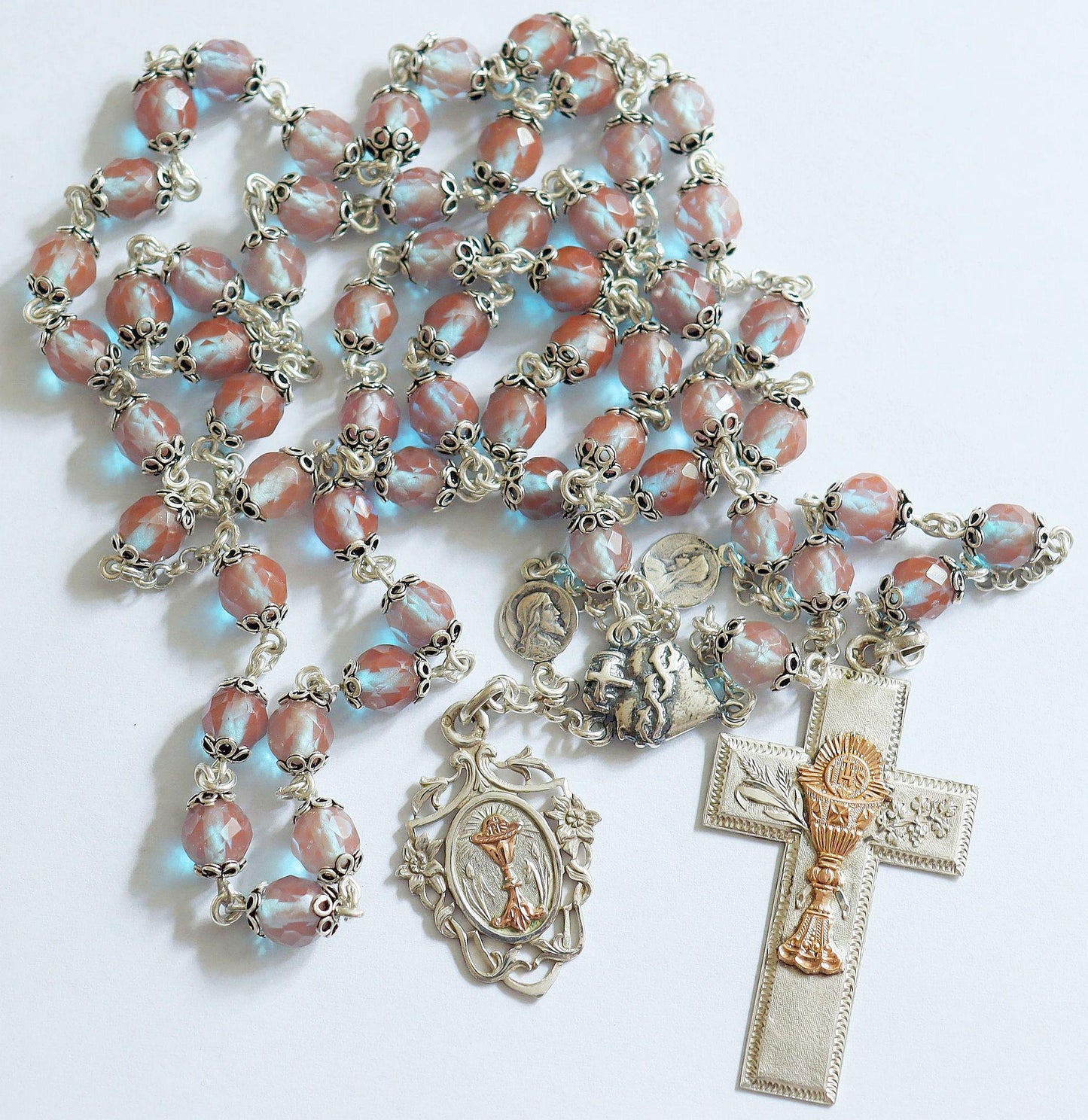Exceptional Antique Genuine SAPHIRET w Sterling & Gold Unique Catholic Rosary - Top Rarity Museum quality- Heirloom
