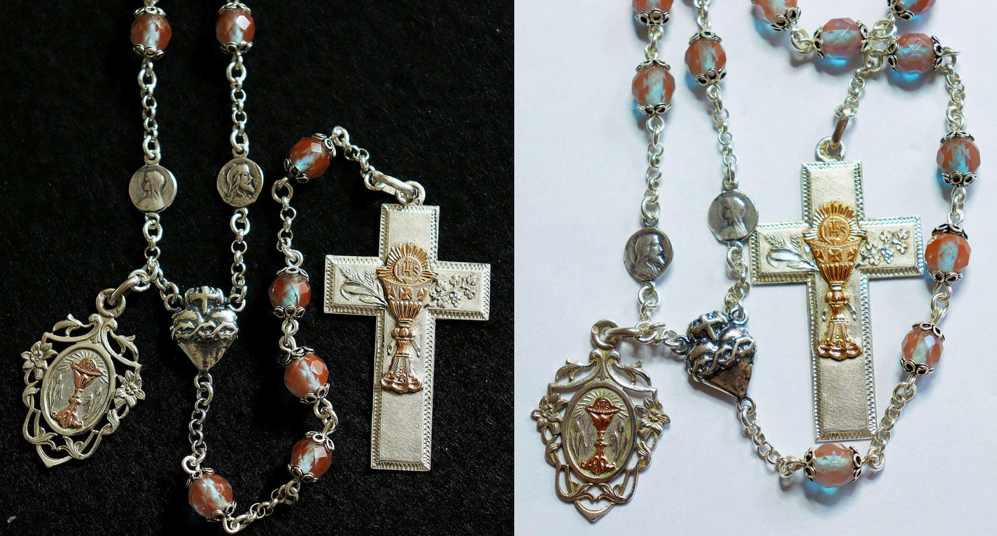 Exceptional Antique Genuine SAPHIRET w Sterling & Gold Unique Catholic Rosary - Top Rarity Museum quality- Heirloom
