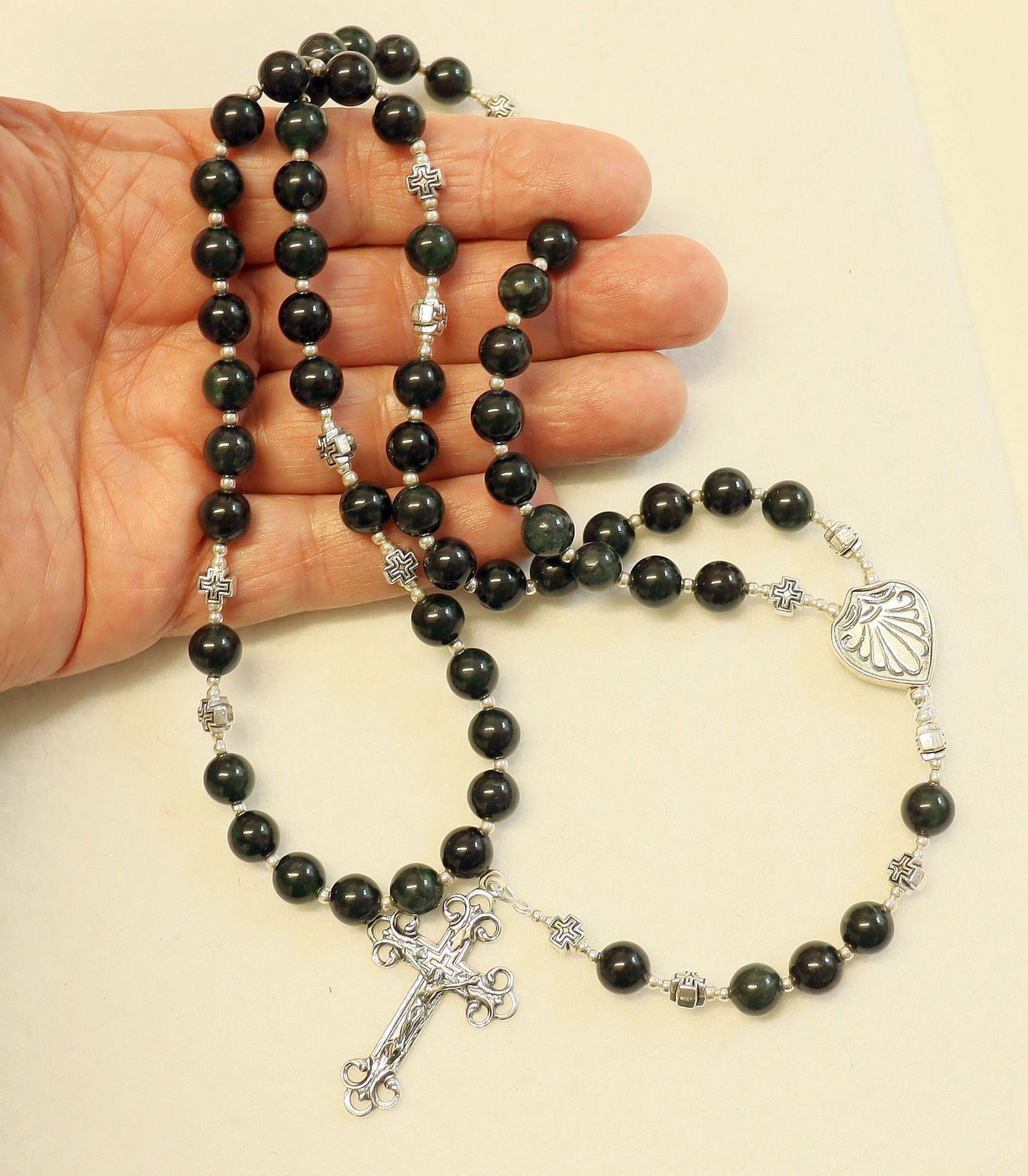 Catholic Rosary Prayer Beads Very Dark Green to Black- Canadian Jade & Sterling Silver