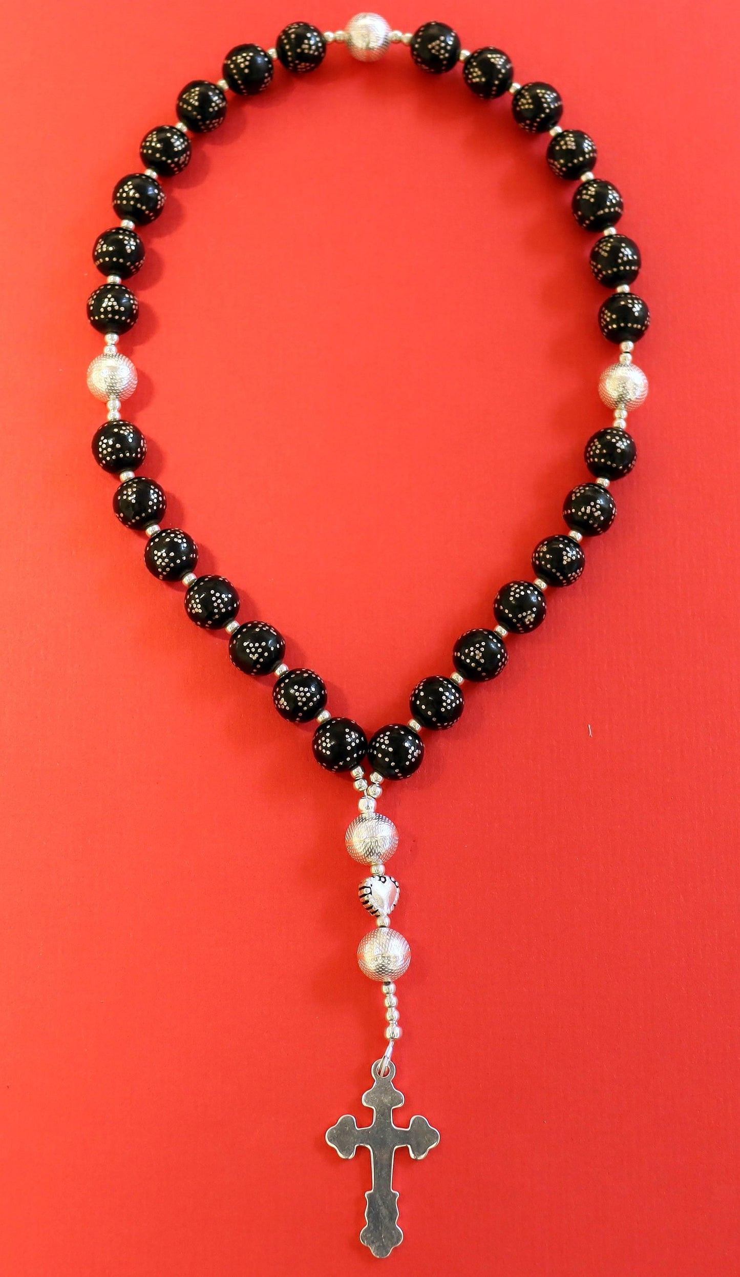 Anglican Episcopal Rosary Studded Jet & Sterling Silver Beads and Cross