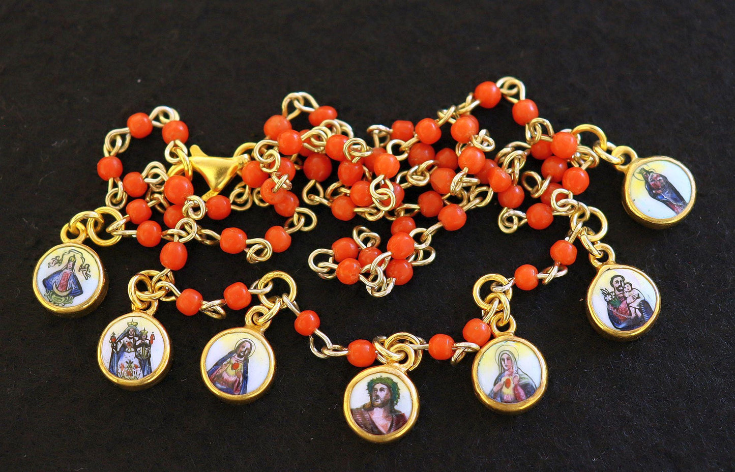 Genuine Coral & Vermeil Rosary Necklace w 7 Vintage Hand Painted Miniature Enameled Medals of Extreme Rarity