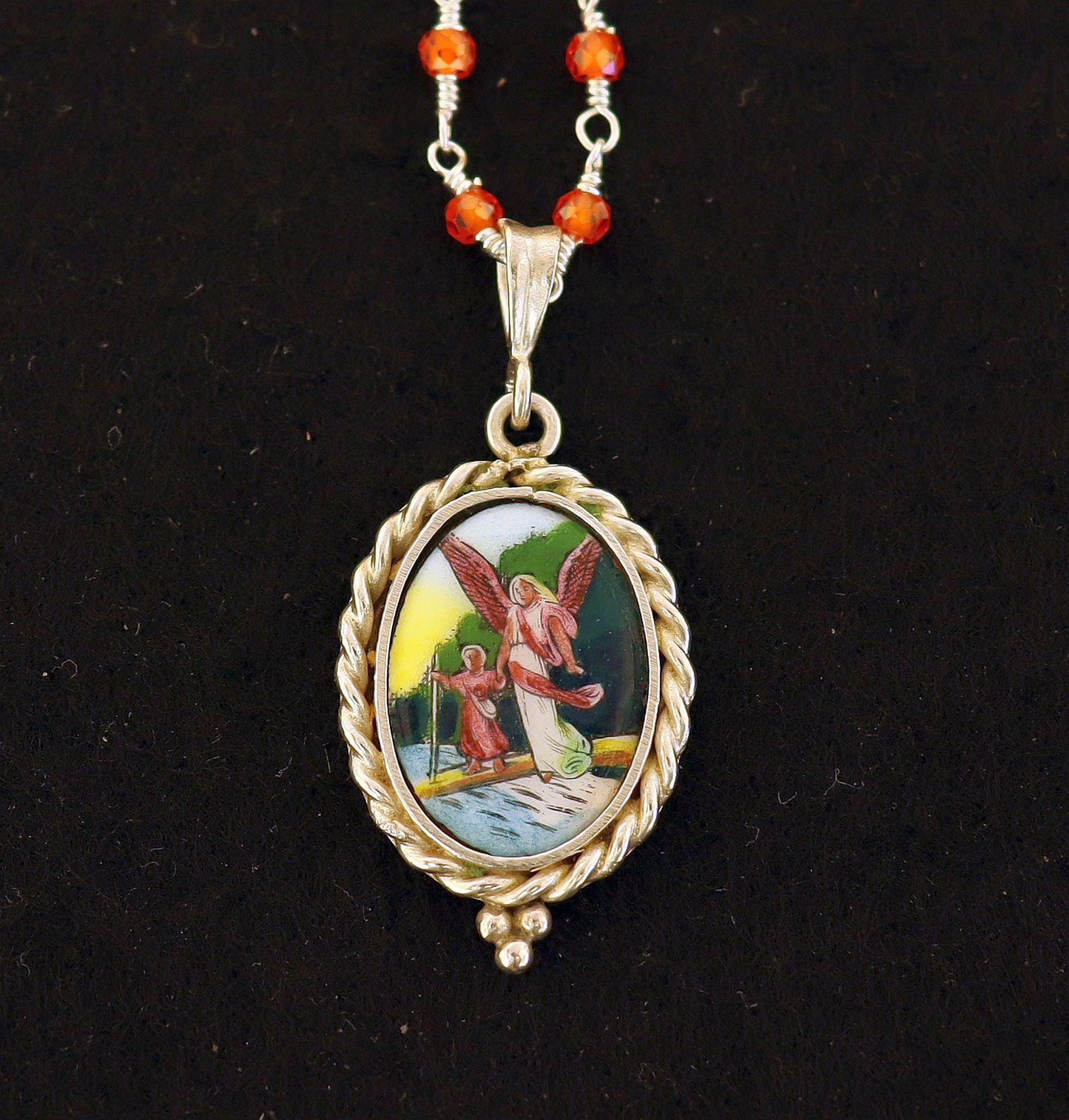 Guardian Angel Medal Hand Painted Miniature Vintage in Hand made Sterling Silver Frame w Faceted Carnelian Rosary Sterling Chain- V.Rare