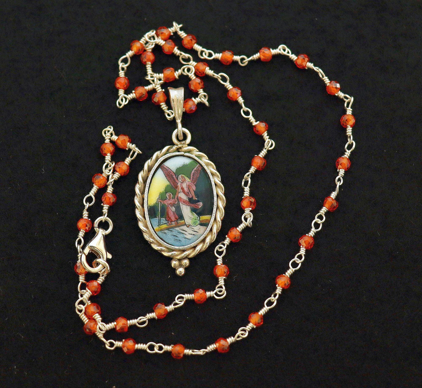 Guardian Angel Medal Hand Painted Miniature Vintage in Hand made Sterling Silver Frame w Faceted Carnelian Rosary Sterling Chain- V.Rare