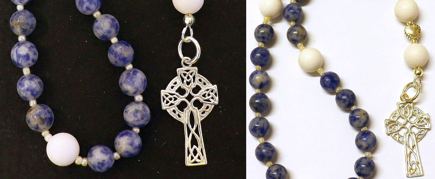 Anglican Episcopal Rosary Prayer Beads : Denim Sodalite, White Coral and Sterling Silver Celtic Cross