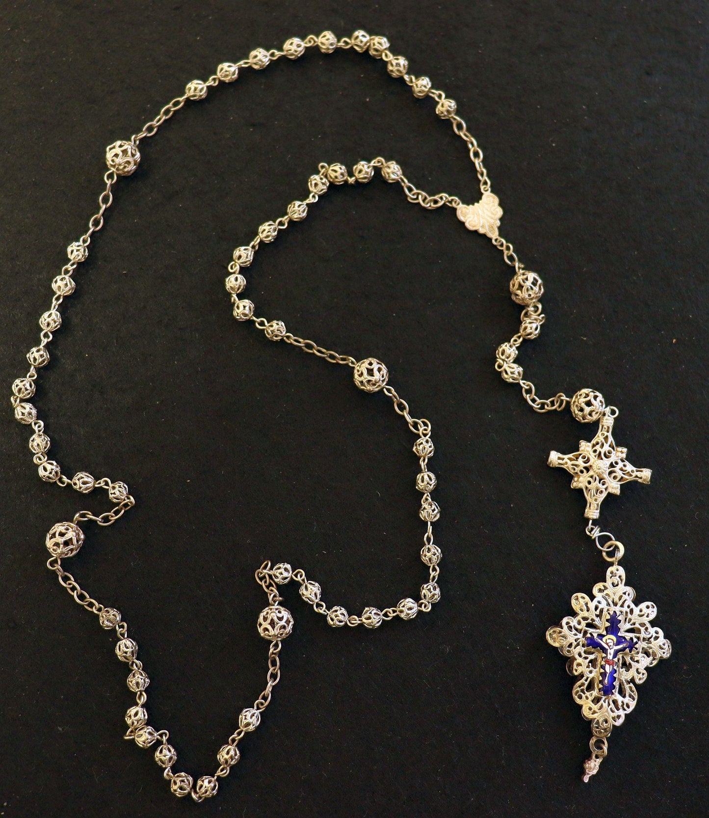 Unique 19th Century Bavarian Sterling Filigree Rosary, Reliquary Cross, Antique Catholic Necklace, Vintage Religious Jewelry, Cross Necklace