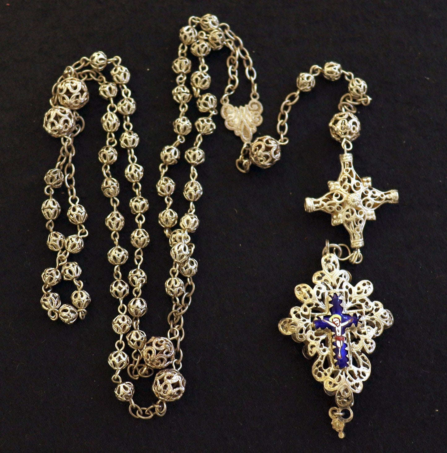 Unique 19th Century Bavarian Sterling Filigree Rosary, Reliquary Cross, Antique Catholic Necklace, Vintage Religious Jewelry, Cross Necklace