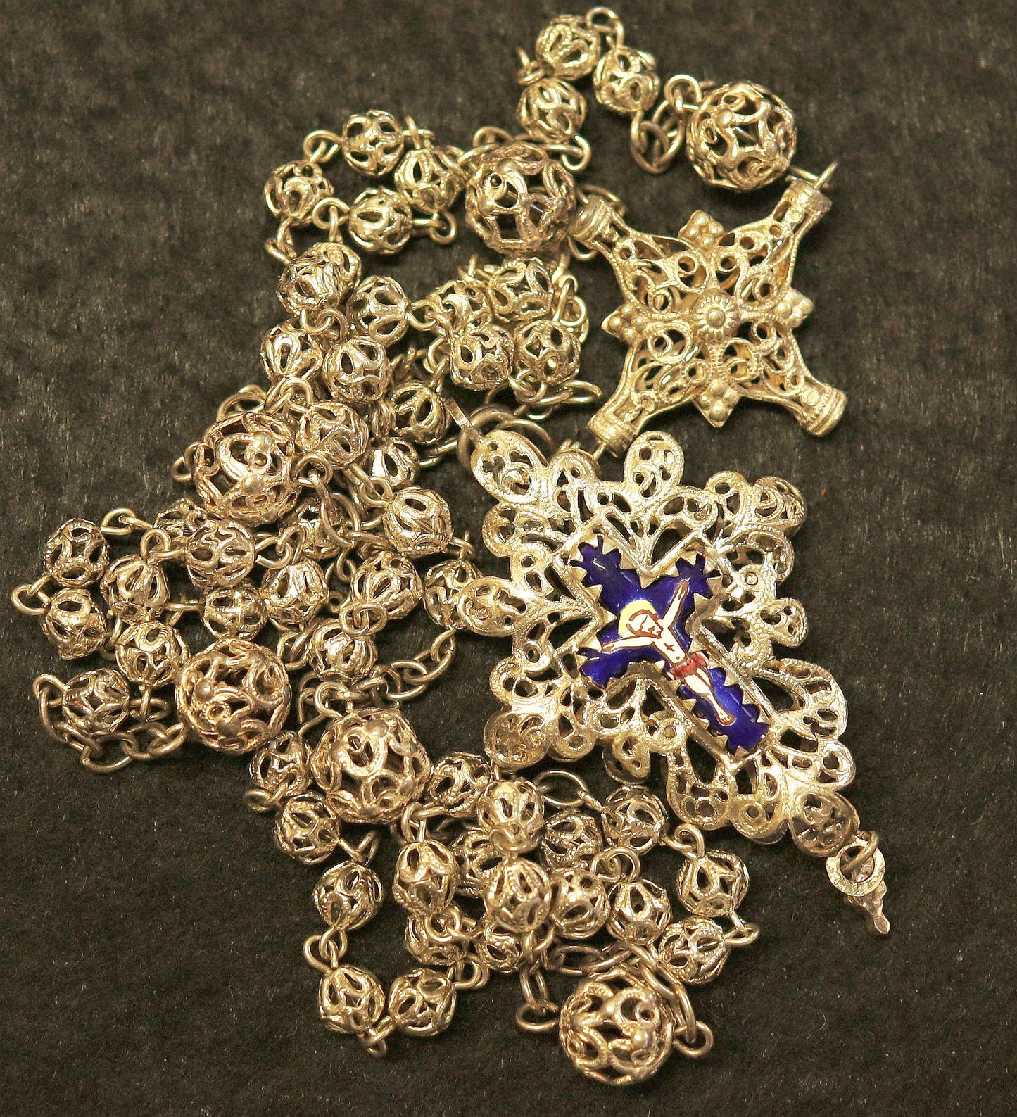 Unique 19th Century Bavarian Sterling Filigree Rosary, Reliquary Cross, Antique Catholic Necklace, Vintage Religious Jewelry, Cross Necklace