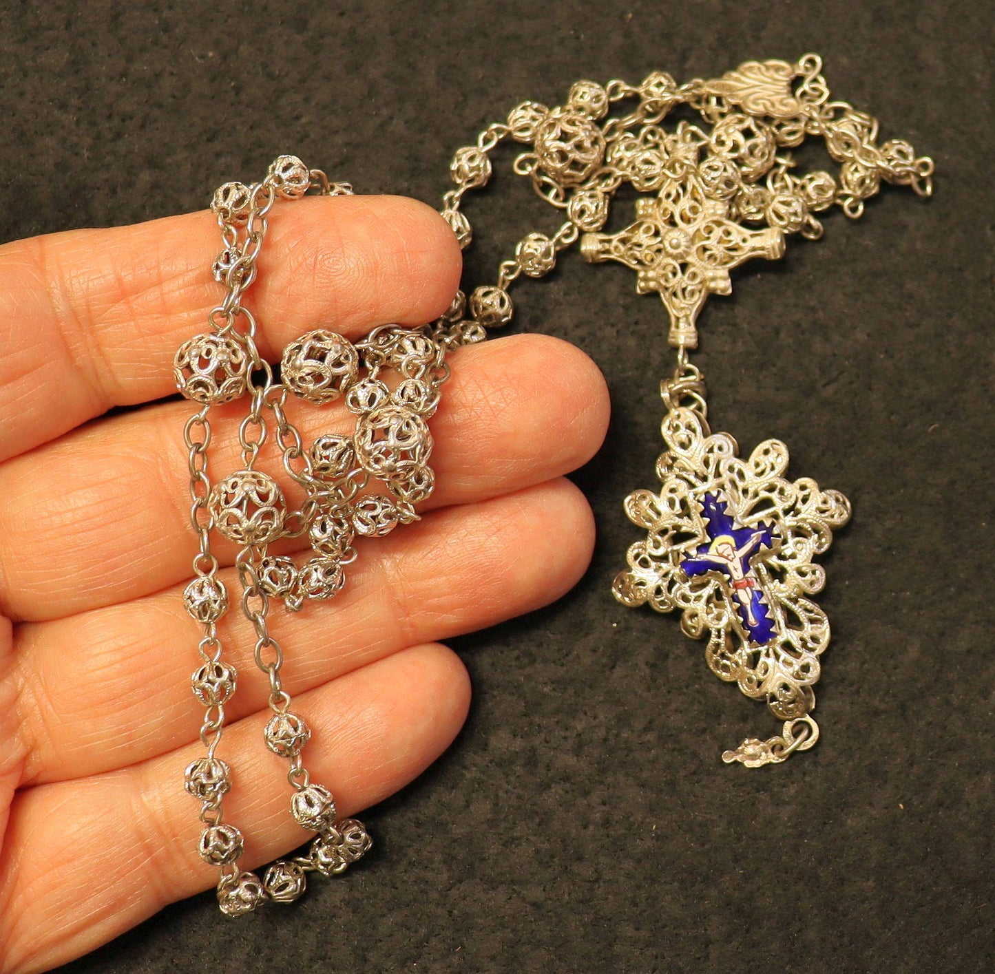 Unique 19th Century Bavarian Sterling Filigree Rosary, Reliquary Cross, Antique Catholic Necklace, Vintage Religious Jewelry, Cross Necklace
