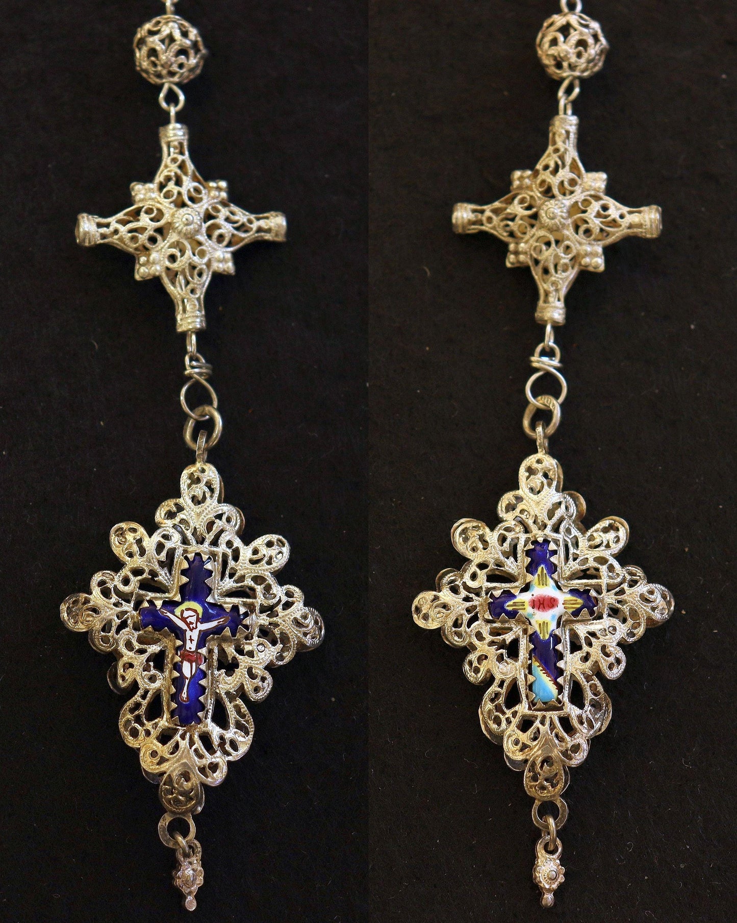 Unique 19th Century Bavarian Sterling Filigree Rosary, Reliquary Cross, Antique Catholic Necklace, Vintage Religious Jewelry, Cross Necklace
