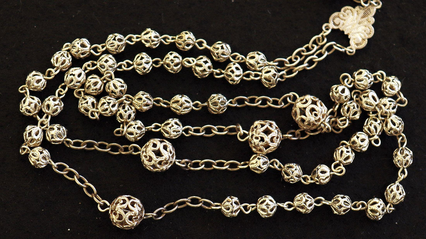 Unique 19th Century Bavarian Sterling Filigree Rosary, Reliquary Cross, Antique Catholic Necklace, Vintage Religious Jewelry, Cross Necklace