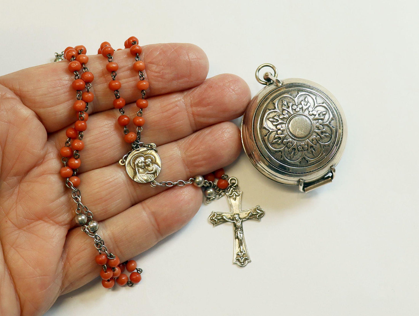 Vintage Sardinian Dark Salmon Coral & Sterling Silver Rosary in Sterling Chatelaine Box - Rare Gift