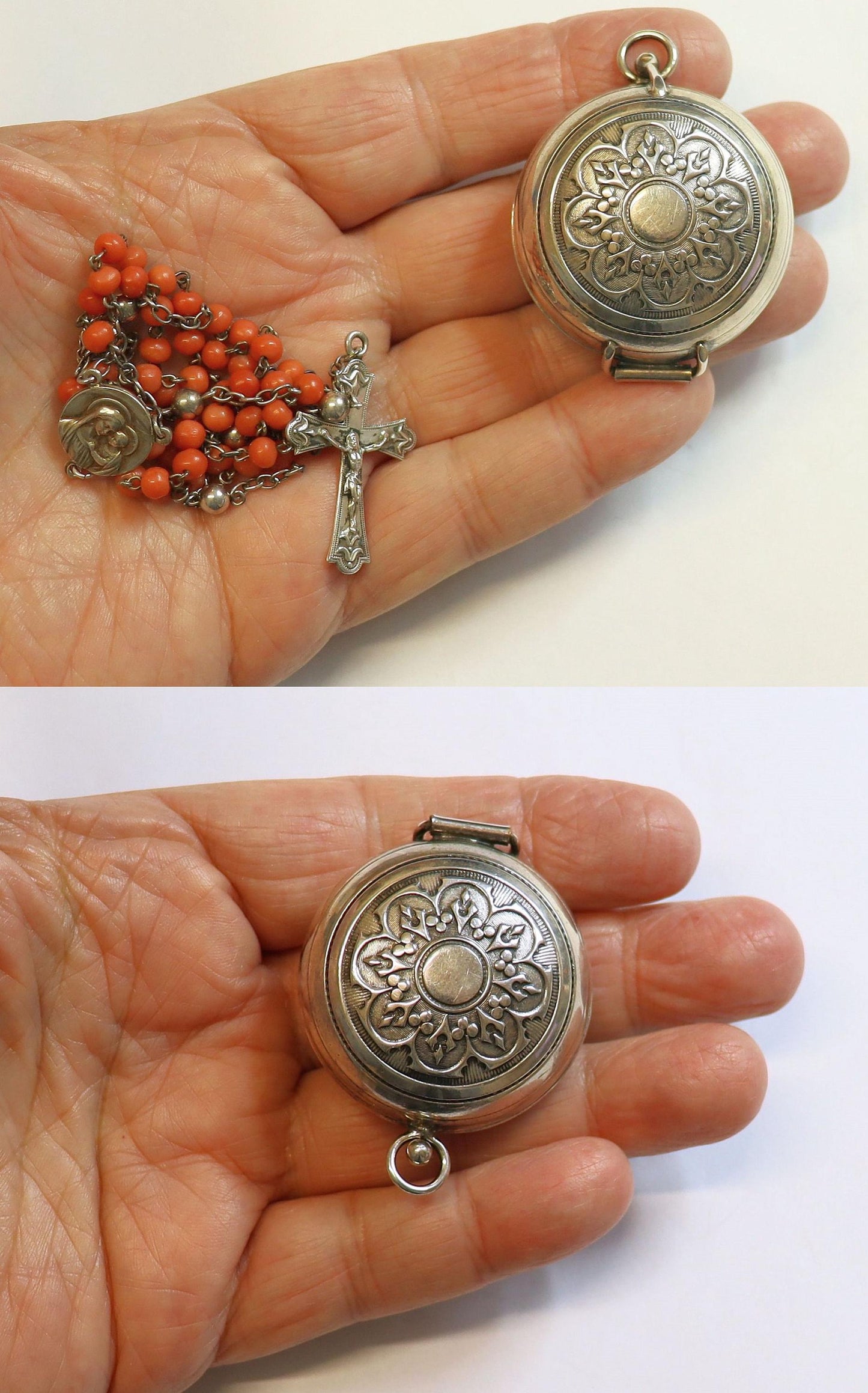 Vintage Sardinian Dark Salmon Coral & Sterling Silver Rosary in Sterling Chatelaine Box - Rare Gift