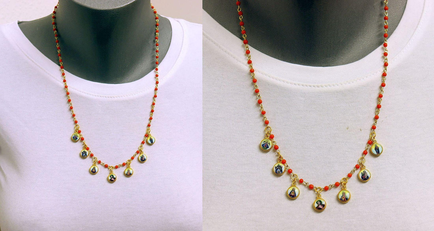 Genuine Coral & Vermeil Rosary Necklace w 7 Vintage Hand Painted Miniature Enameled Medals of Extreme Rarity