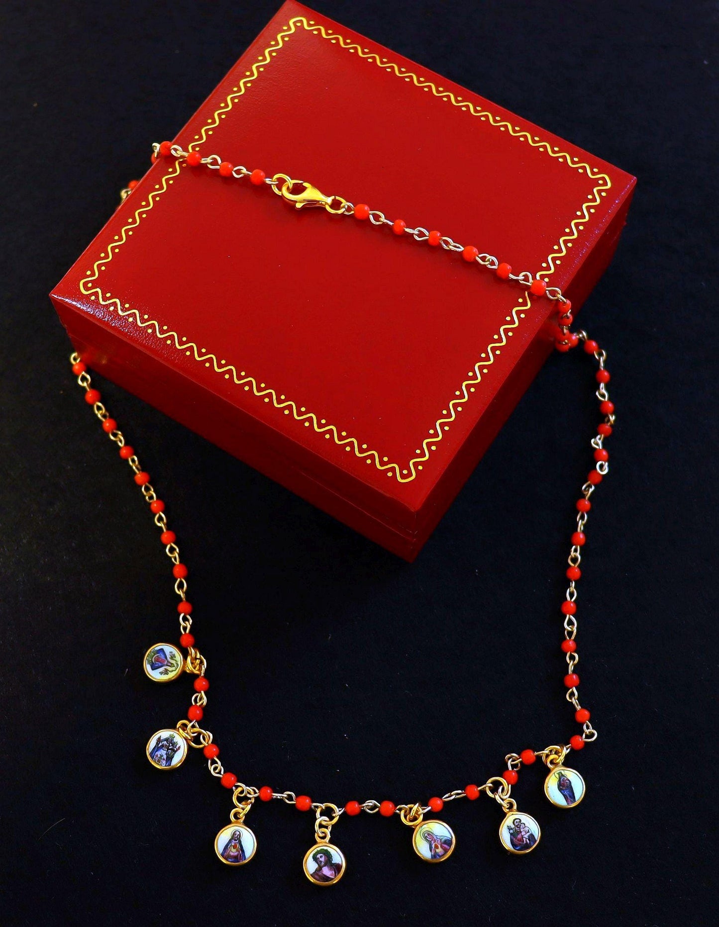 Genuine Coral & Vermeil Rosary Necklace w 7 Vintage Hand Painted Miniature Enameled Medals of Extreme Rarity